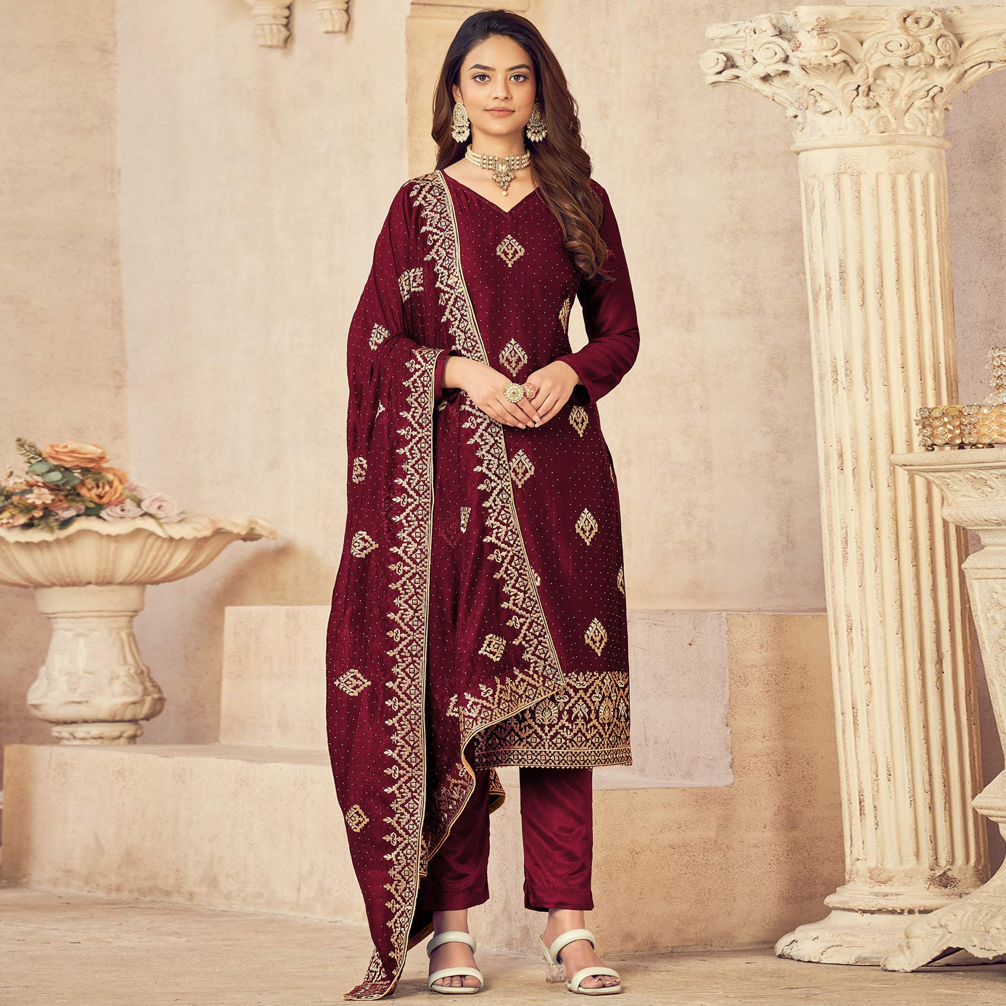 Maroon Embroidered Vichitra Silk Suit