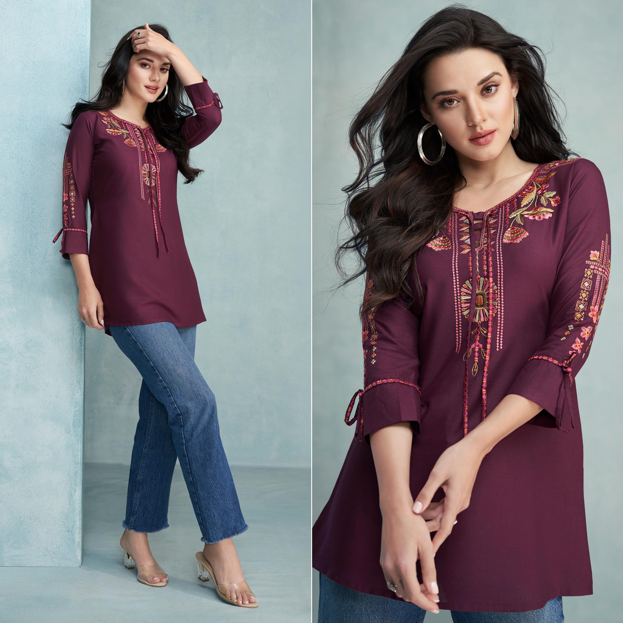 Wine Floral Embroidered Rayon Top