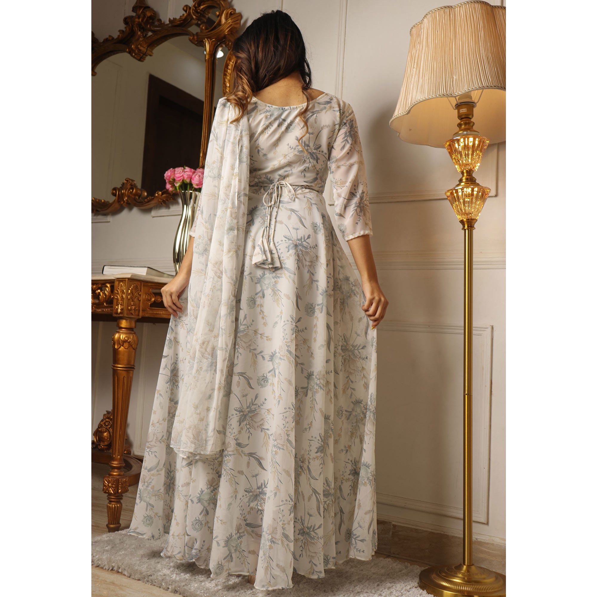 Off White Floral Printed With Stone Work Georgette Gown