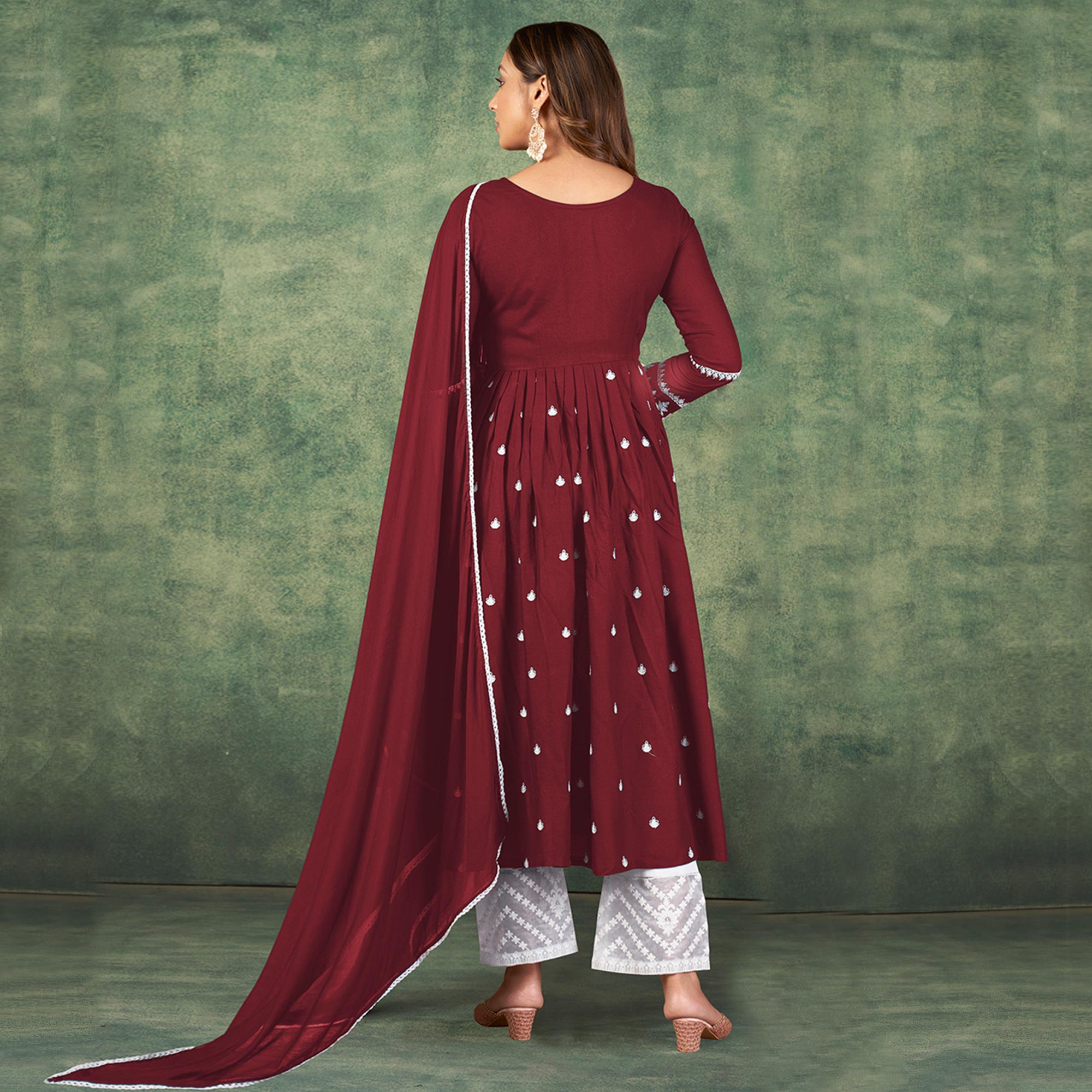 Maroon Lucknowi Work Rayon Naira Cut Palazzo Suit