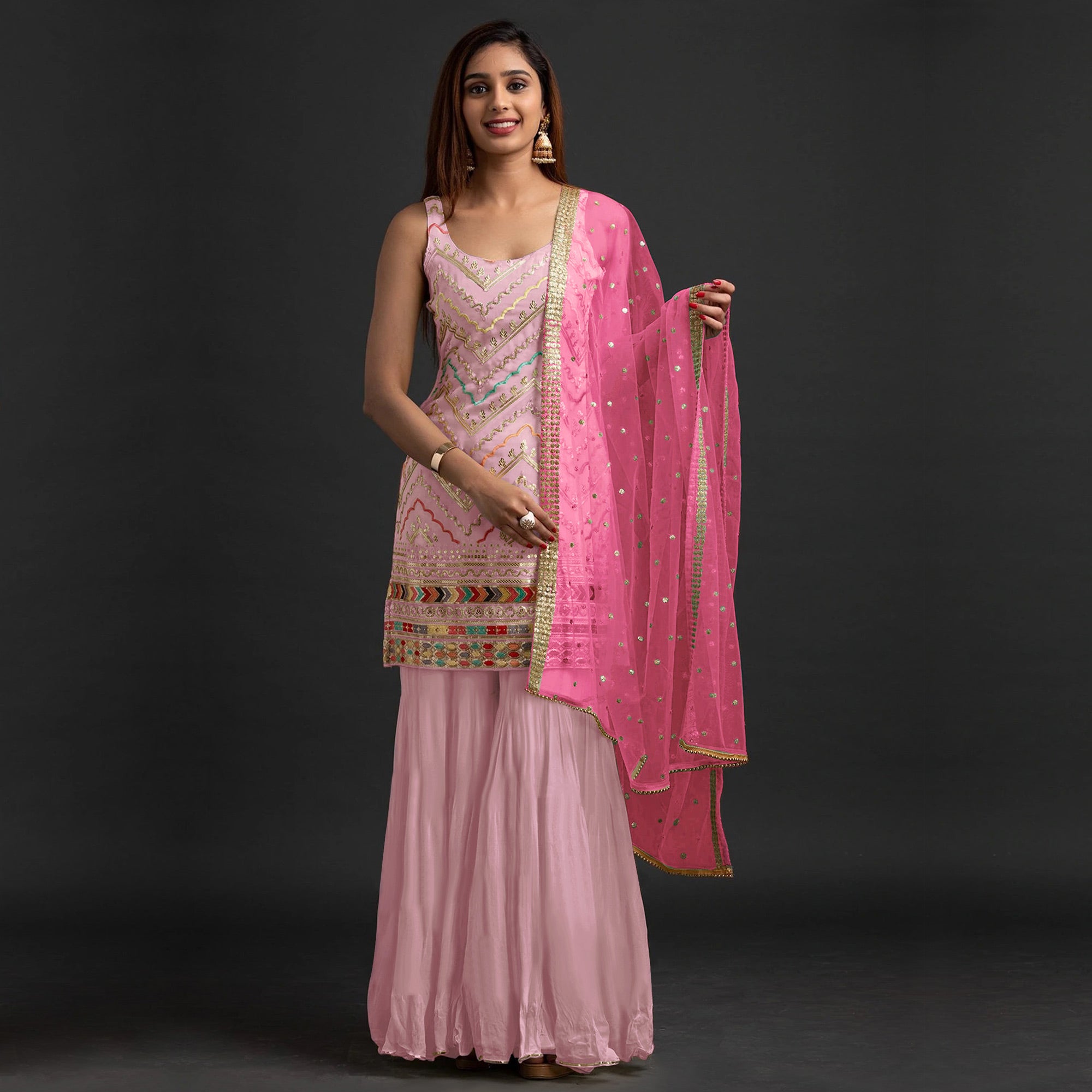 Pink Embroidered Georgette Sharara Suit