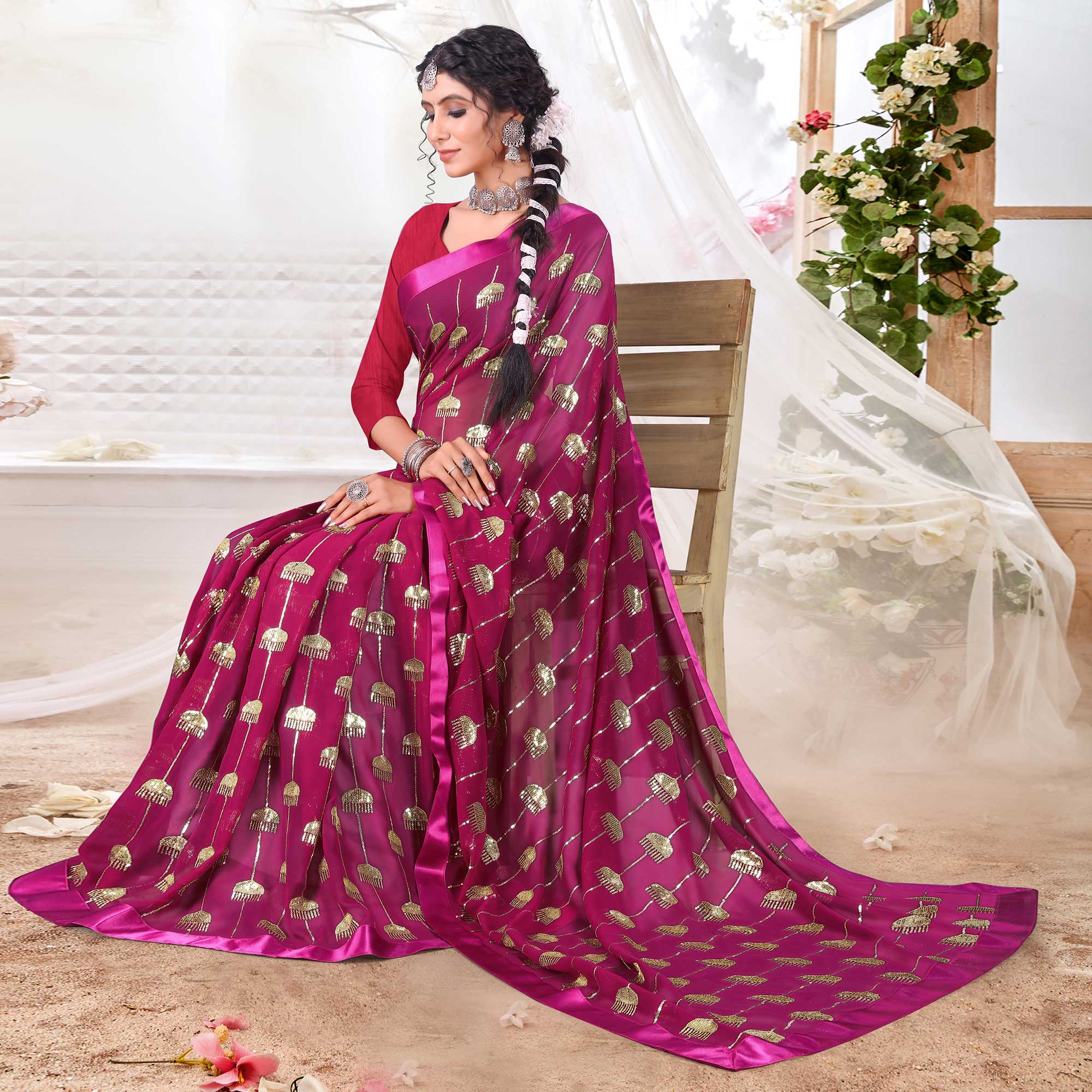Pink Sequins Embroidered Georgette Saree