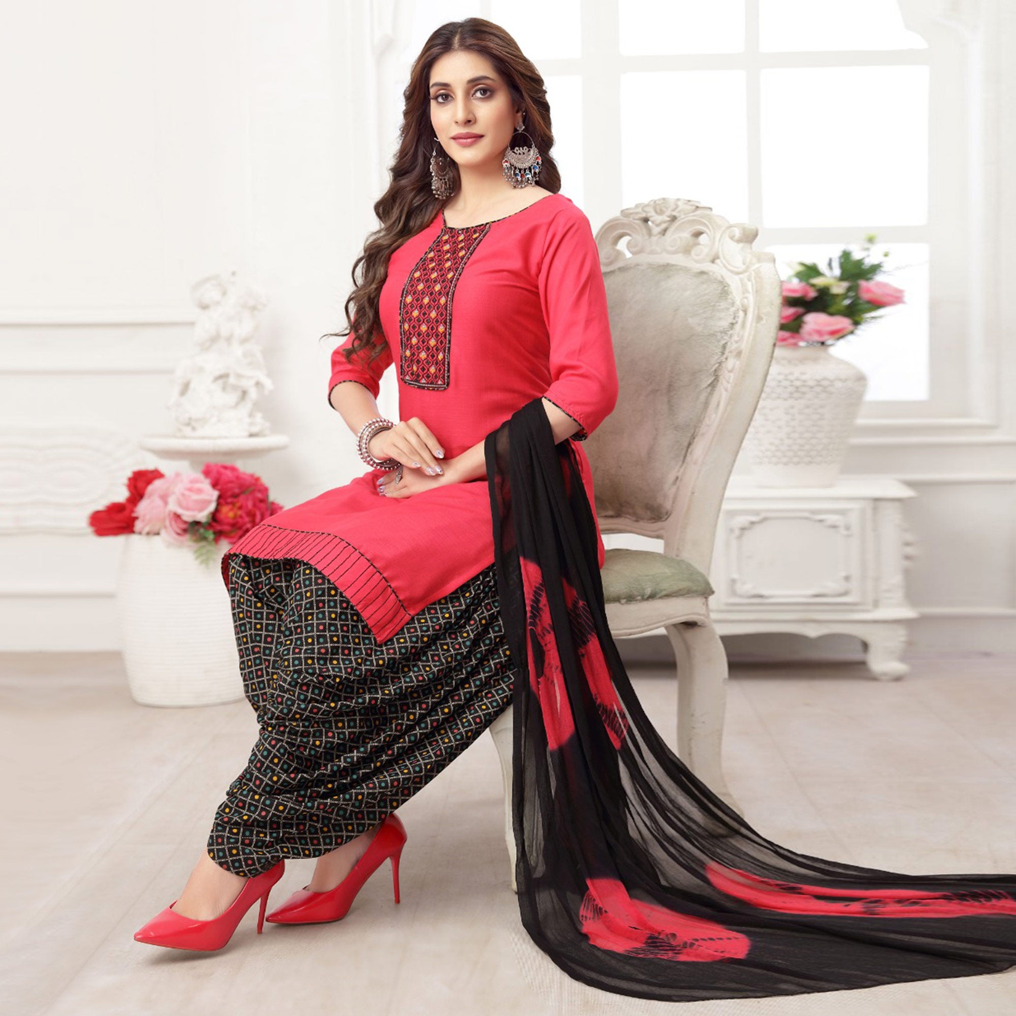 Pink Embroidered Rayon Patiala Suit