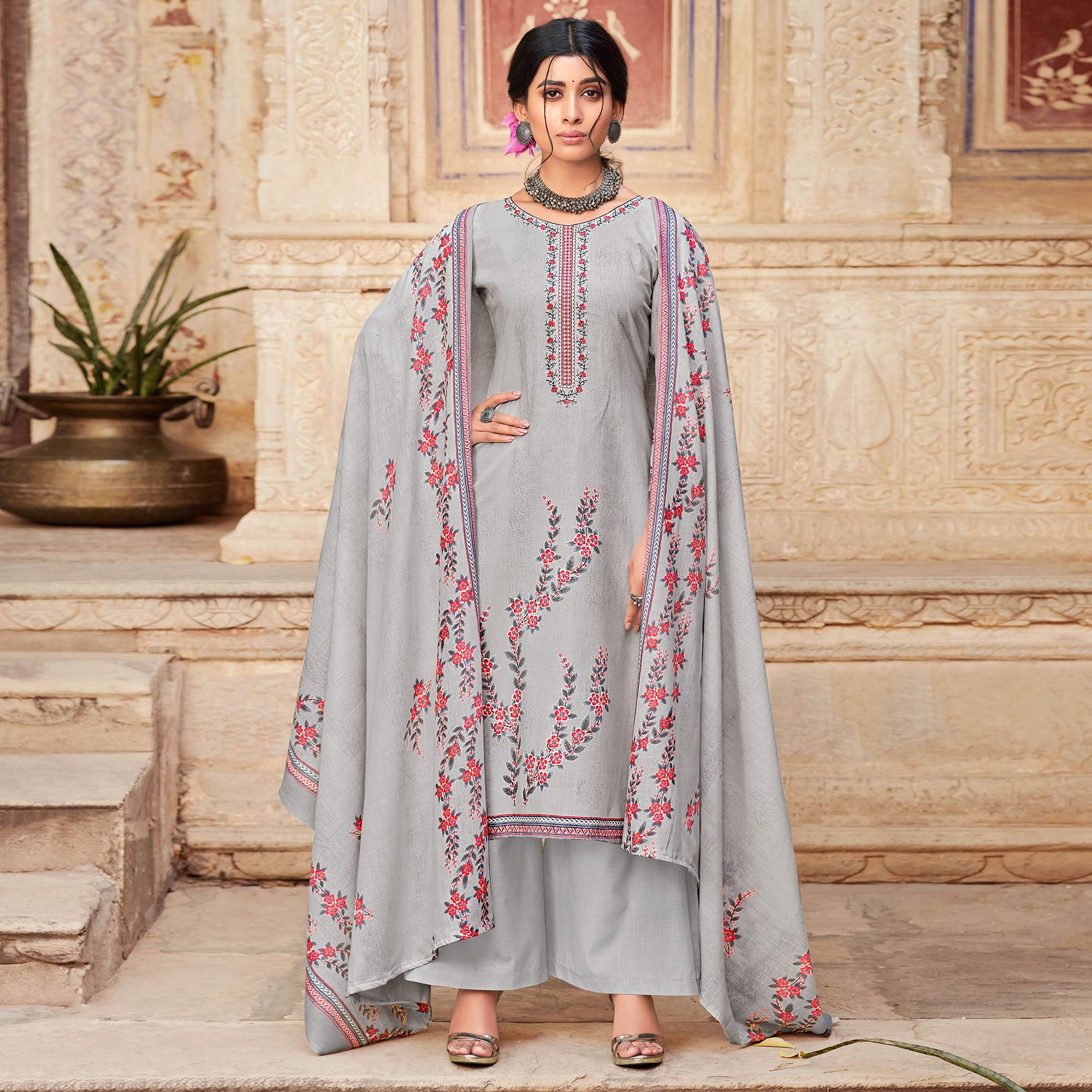 Grey Floral Printed With Embroidered Pure Cotton Palazzo Suit