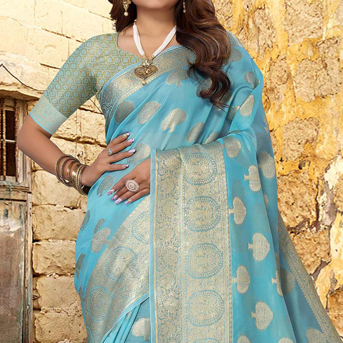 Sky Blue Woven Organza Saree