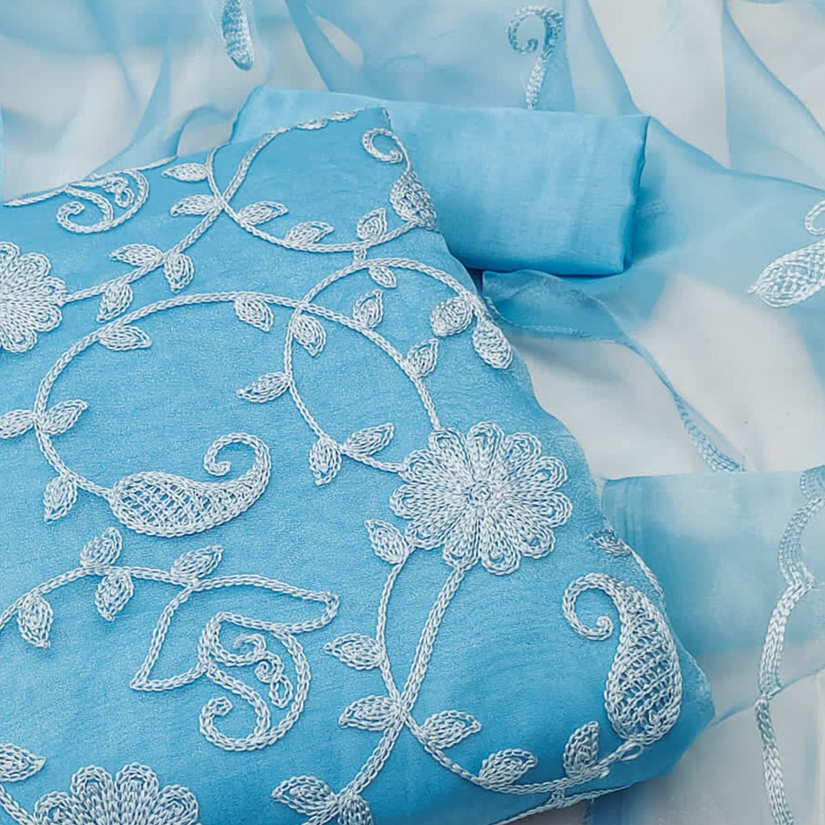 Sky Blue Floral Embroidered Organza Dress Material
