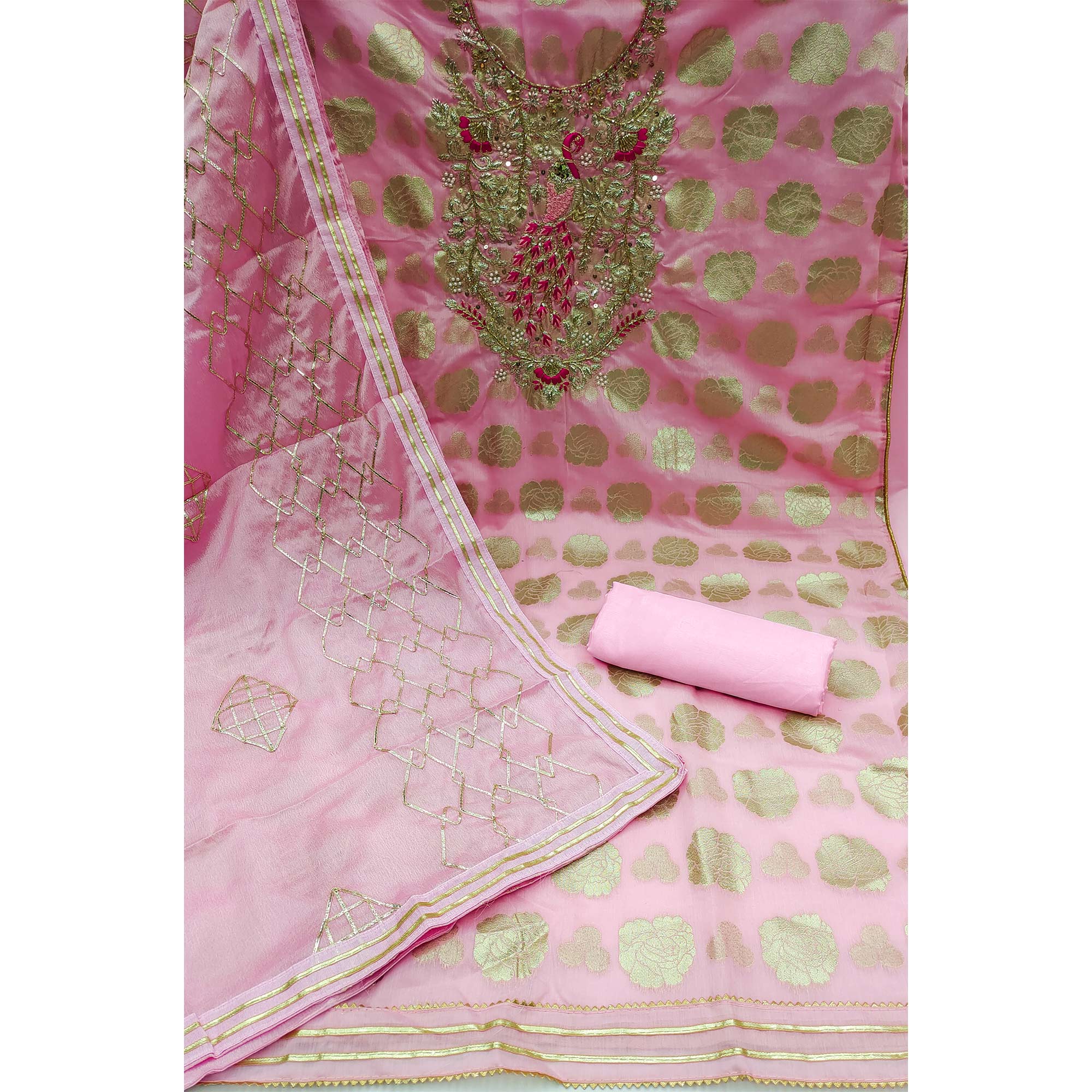 Pink Woven Banarasi Silk Dress Material