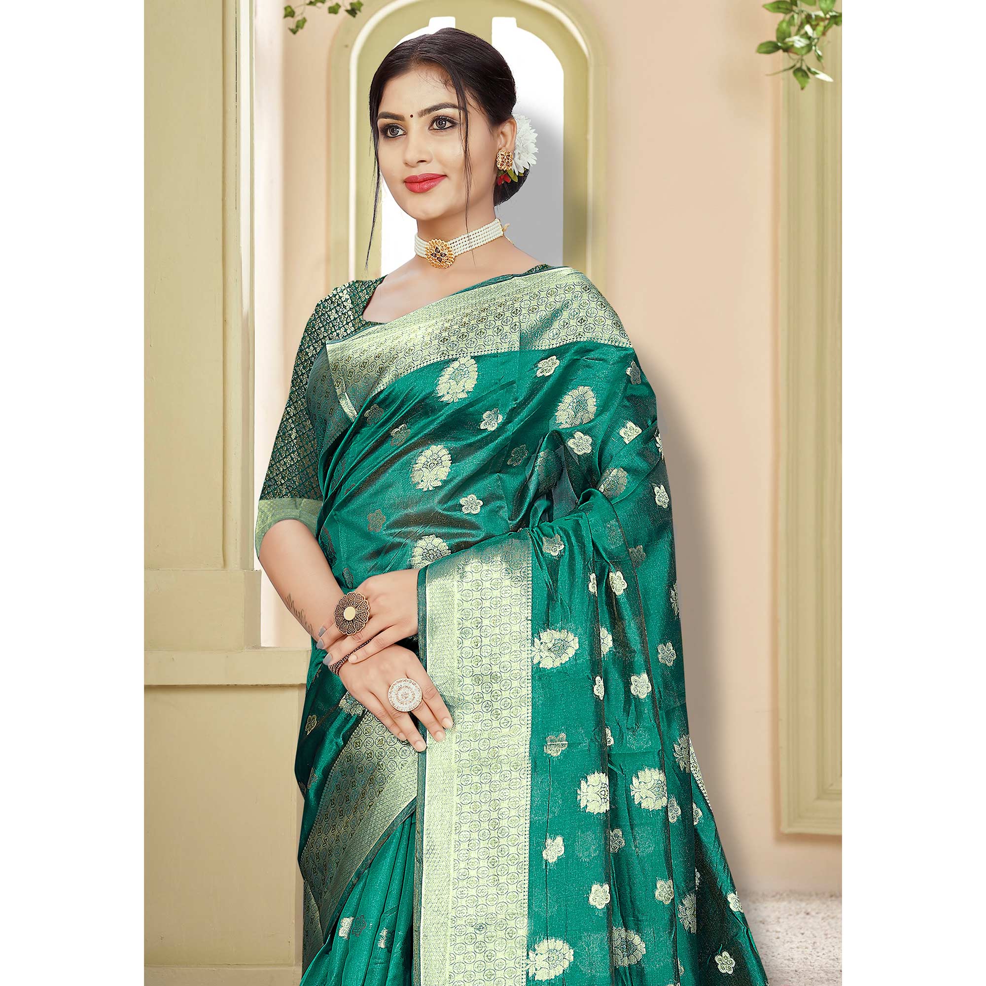 Green Floral Woven Organza Saree