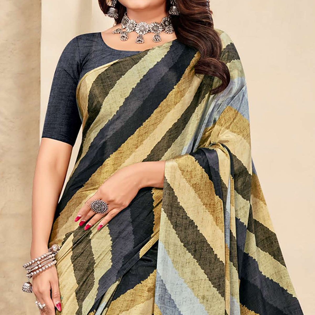 Multicolor Striped Printed Crepe Saree