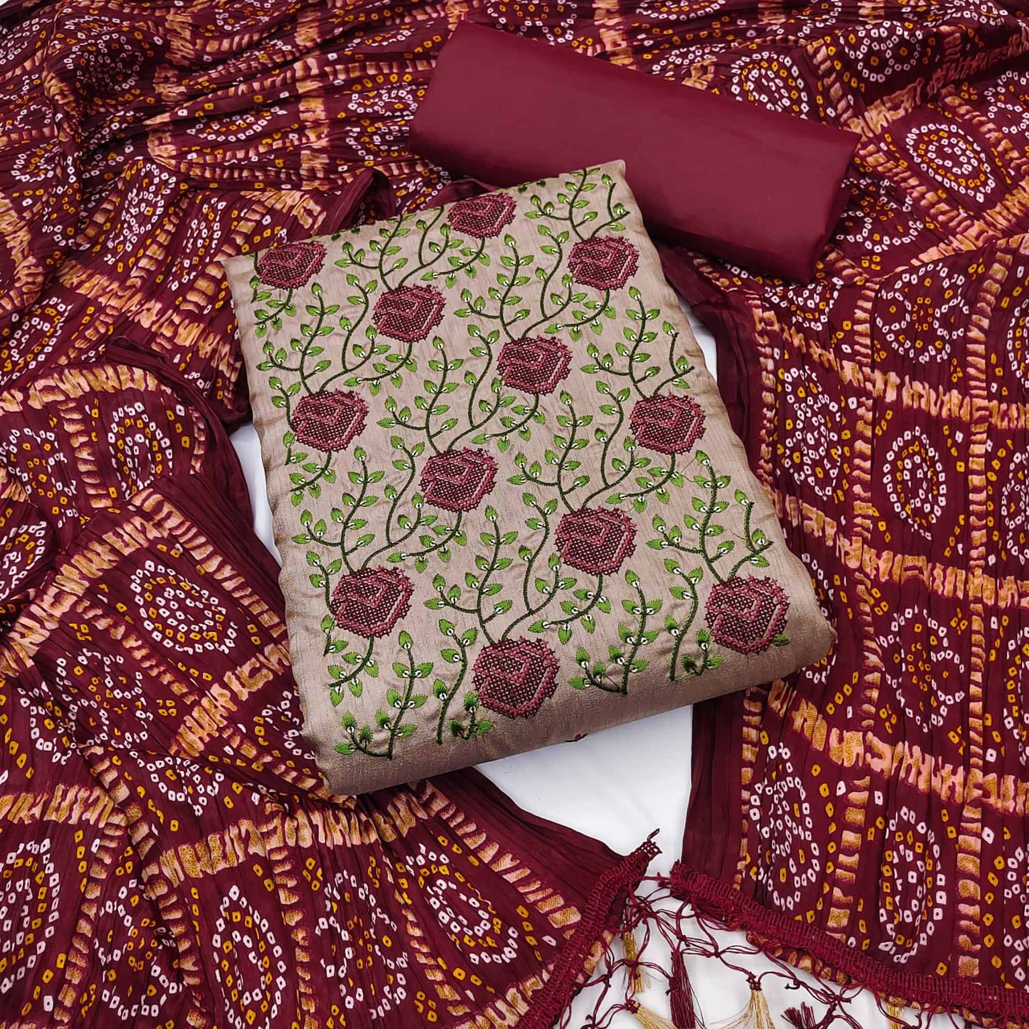 Brown Embroidered Art Silk Dress Material