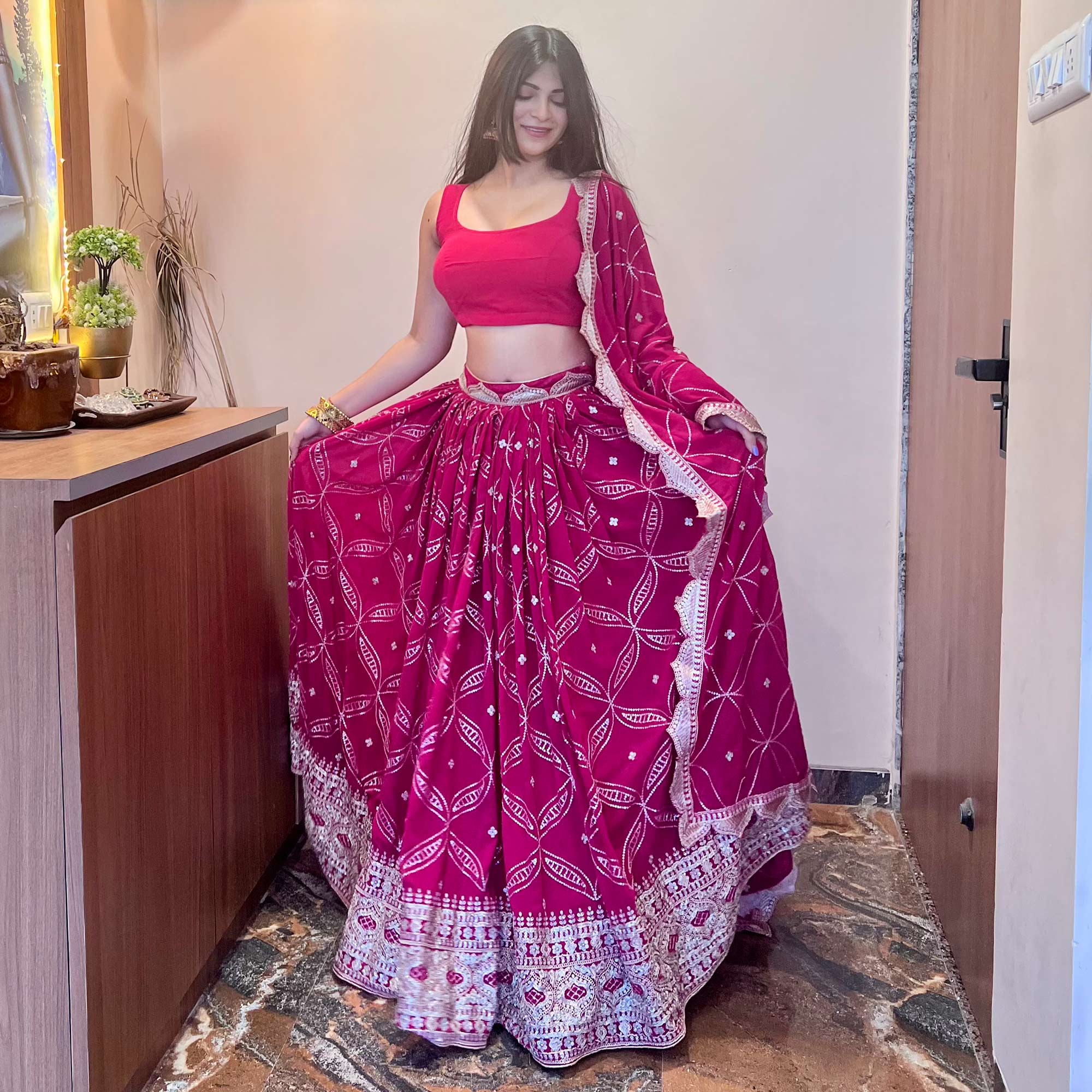 Pink Floral Sequins Embroidered Georgette Lehenga Choli