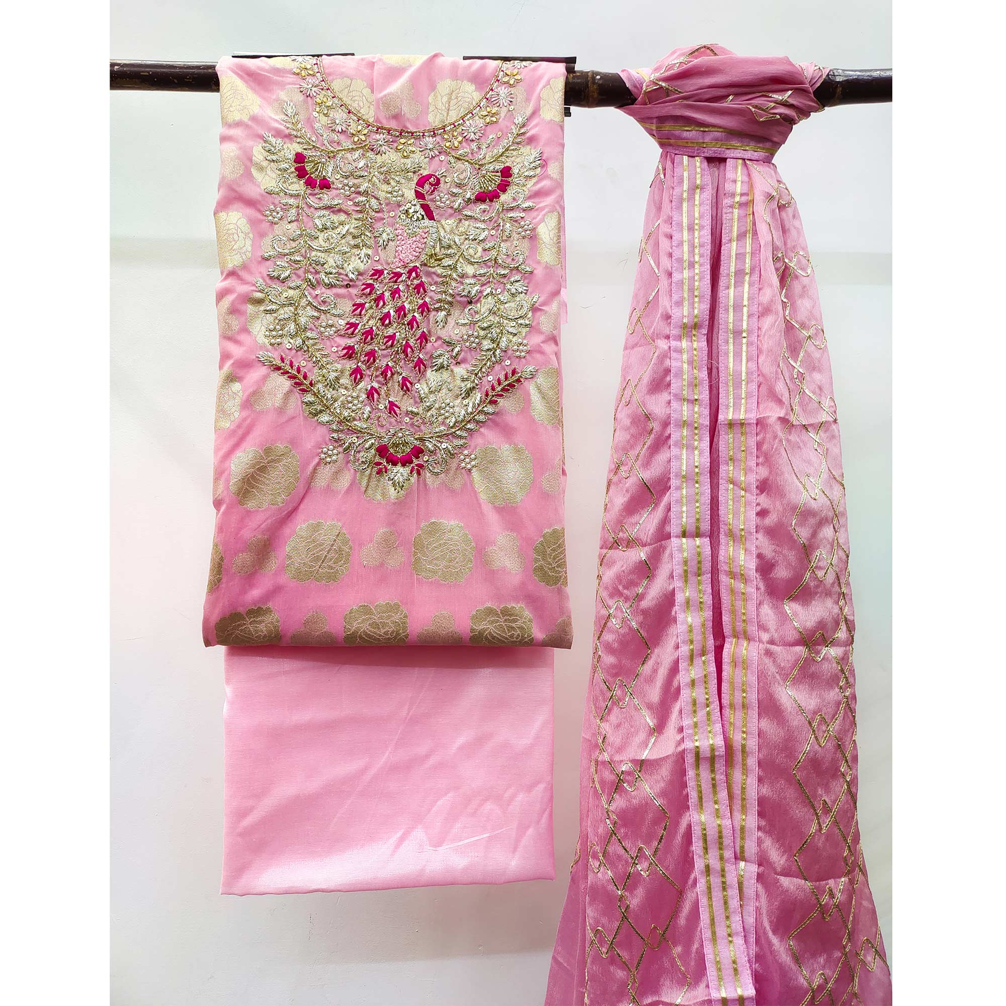 Pink Woven Banarasi Silk Dress Material