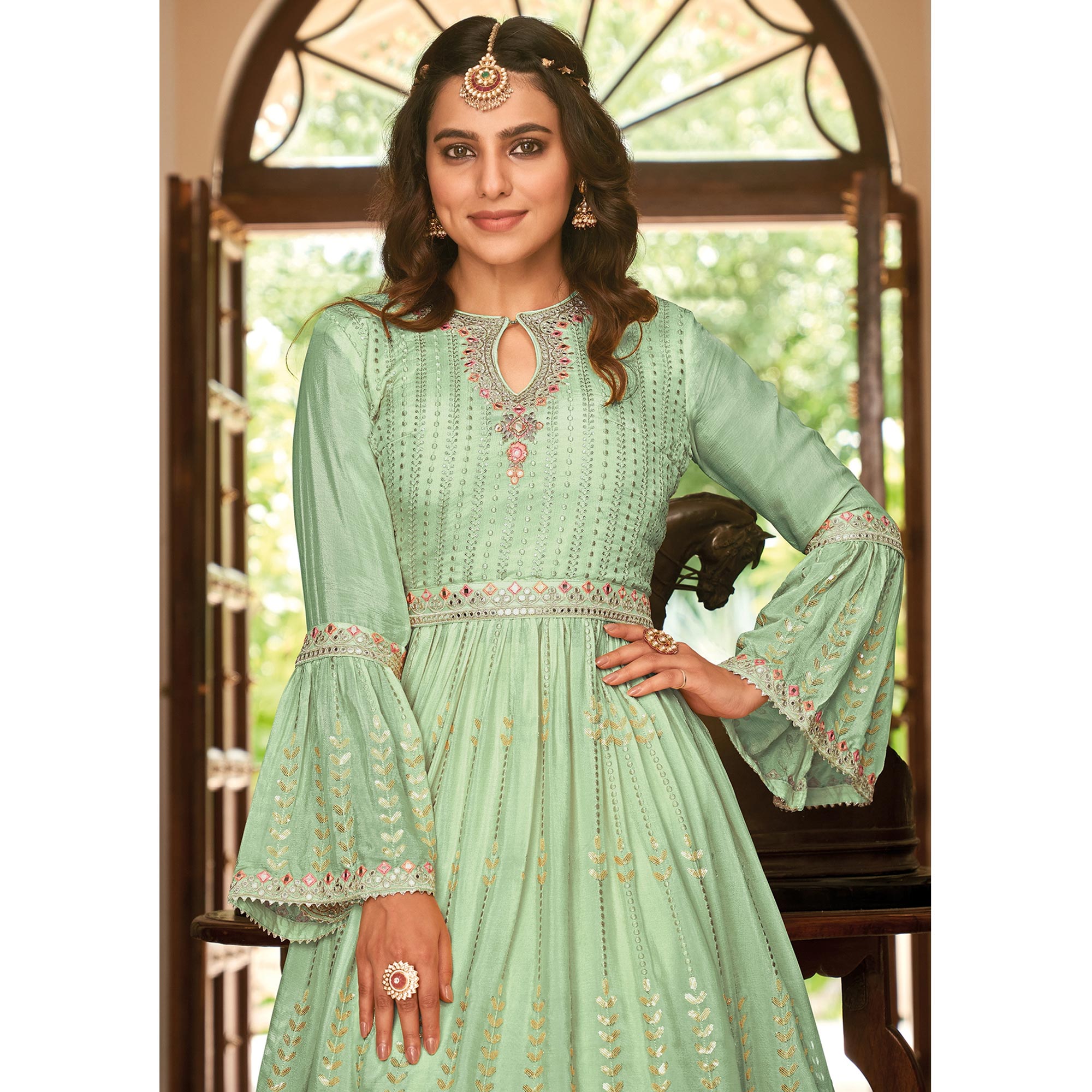 Green Floral Sequins Embroidered Chiffon Semi Stitched Sharara Suit