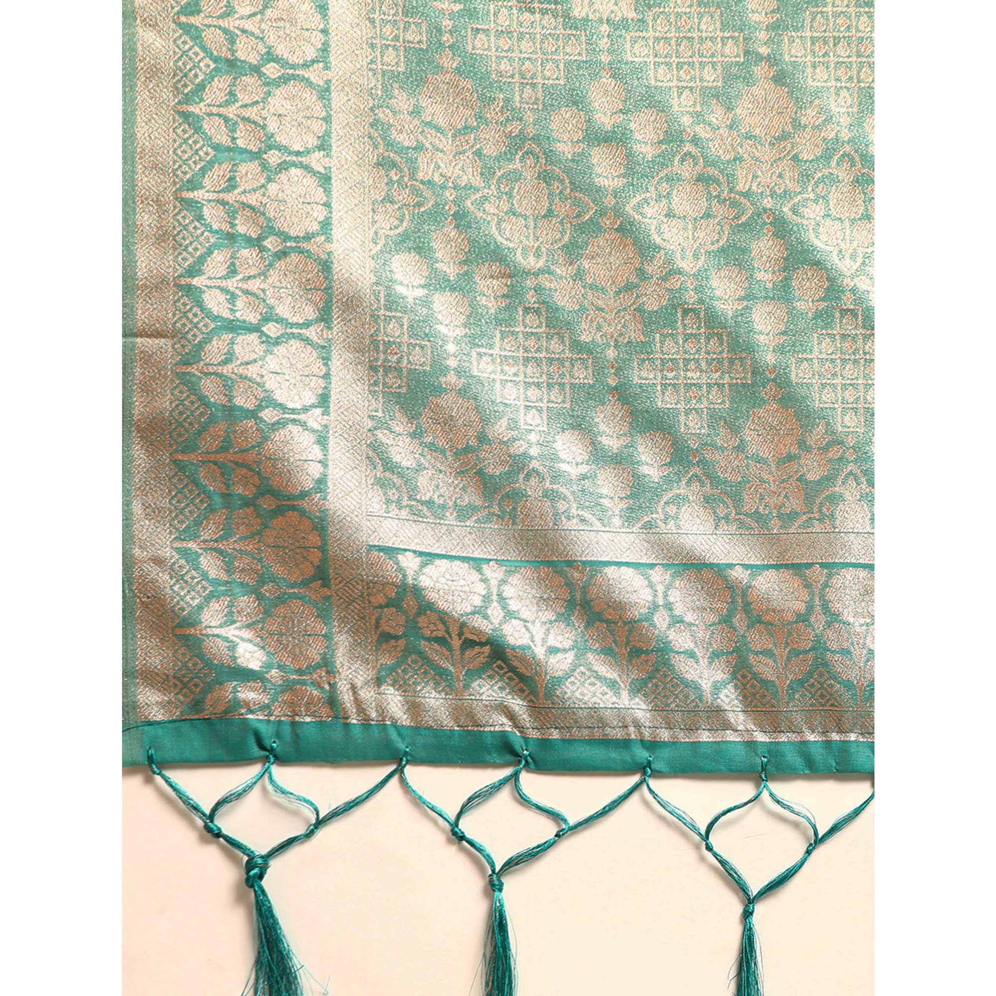 Turquoise Floral Woven Organza Silk Saree With Tassels