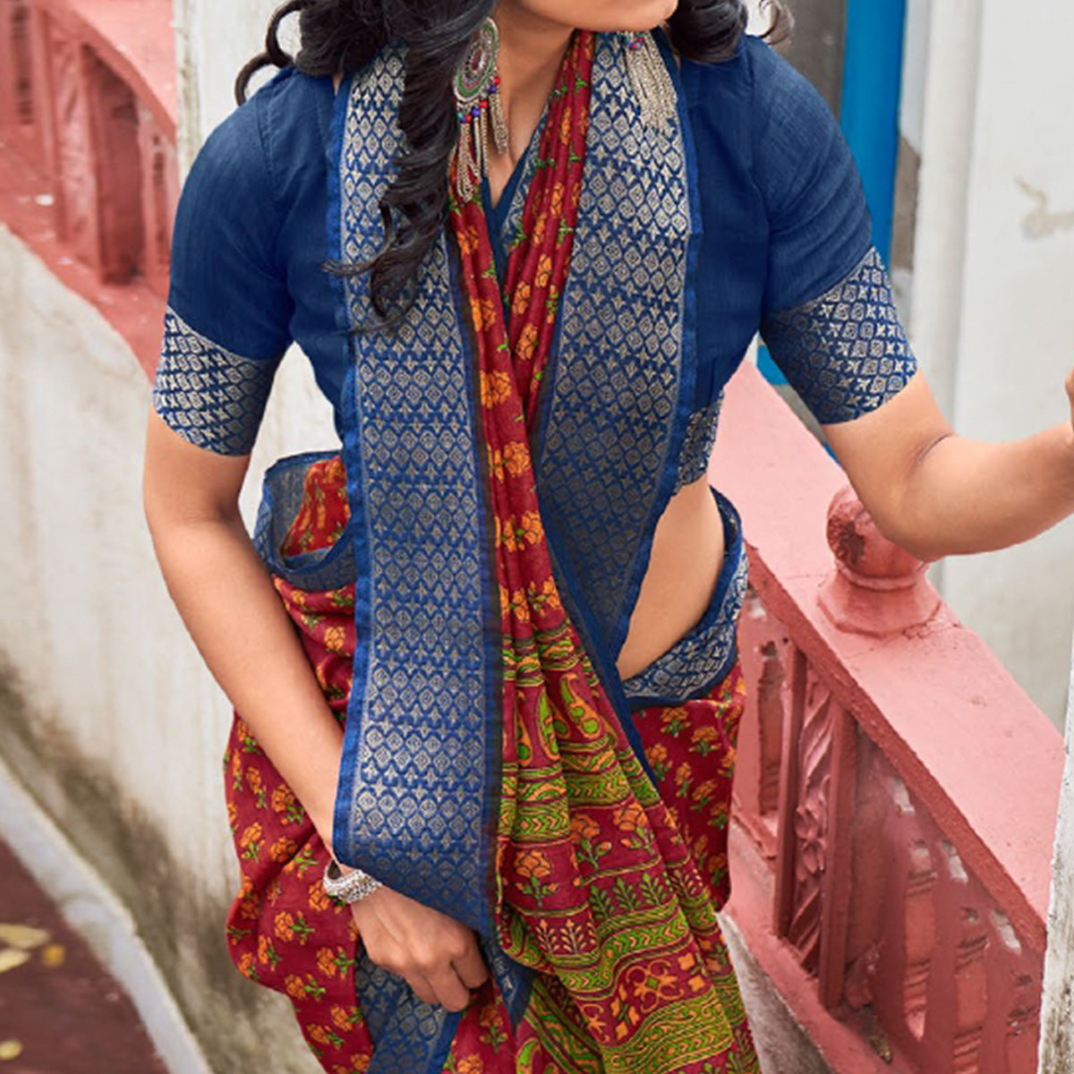 Pink Printed With Woven Border Raw Silk Saree