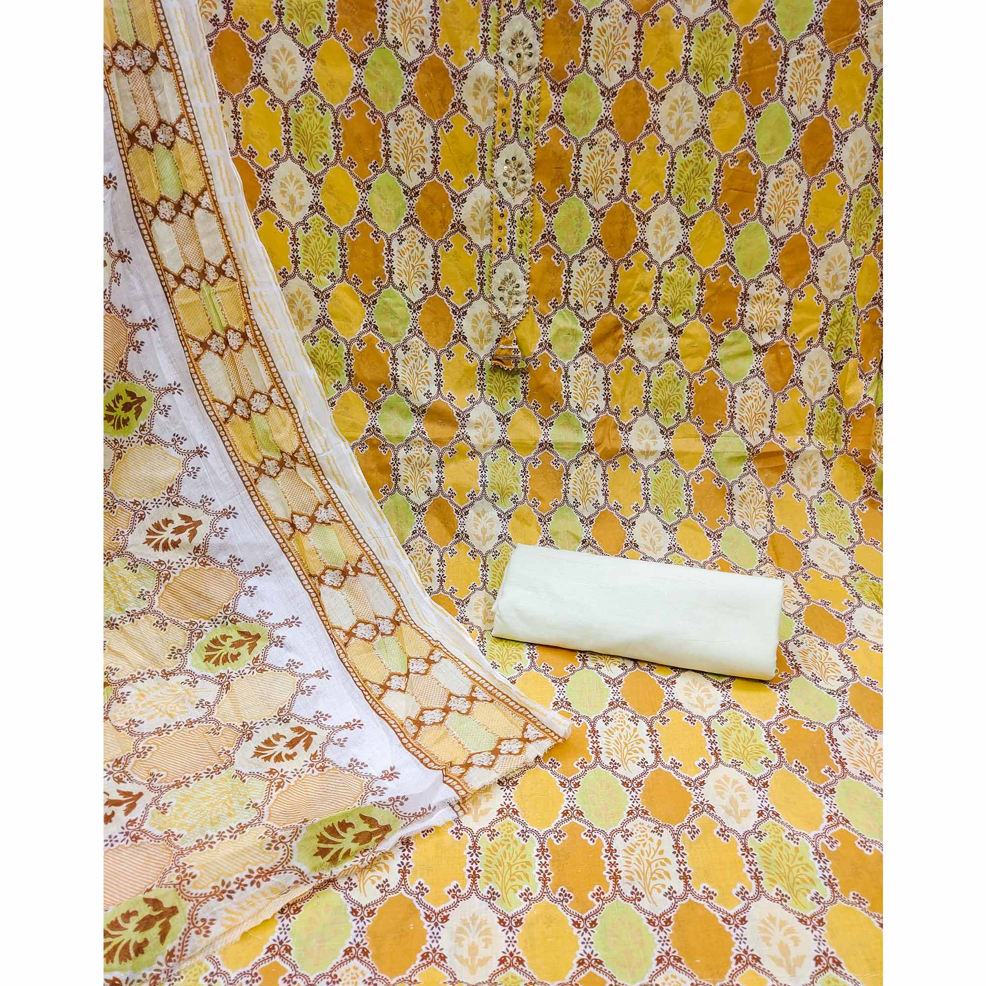 Yellow Printed Pure Cotton Dress Material