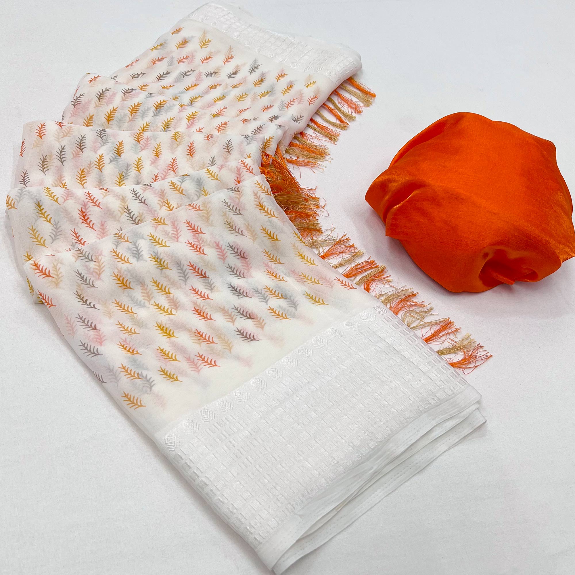 White Printed With Checks Border Georgette Saree