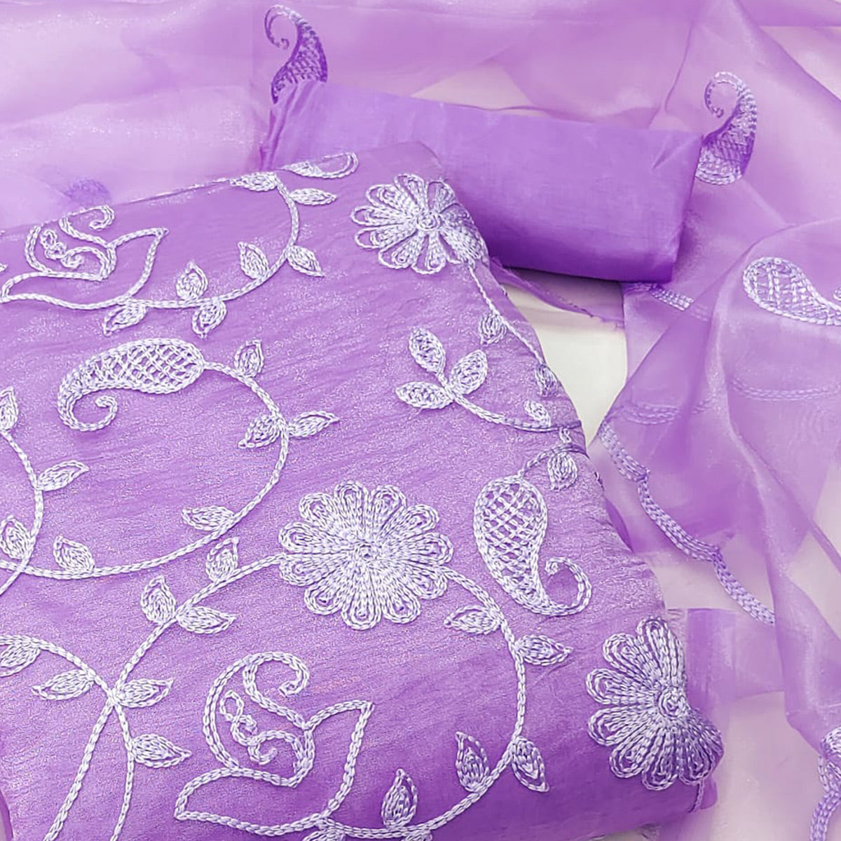 Purple Floral Embroidered Organza Dress Material