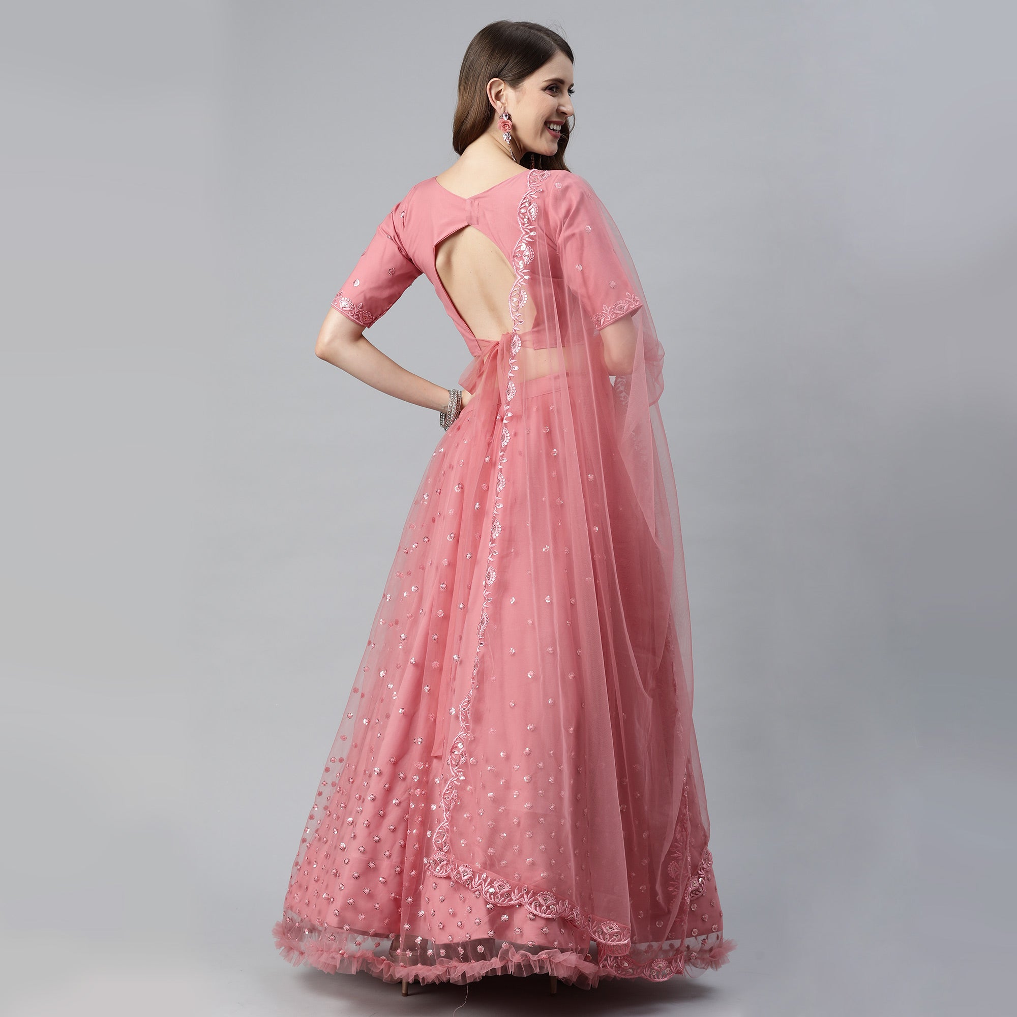 Pink Sequins Embroidered Net Lehenga Choli