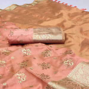Peach Woven Organza Saree With Tassels