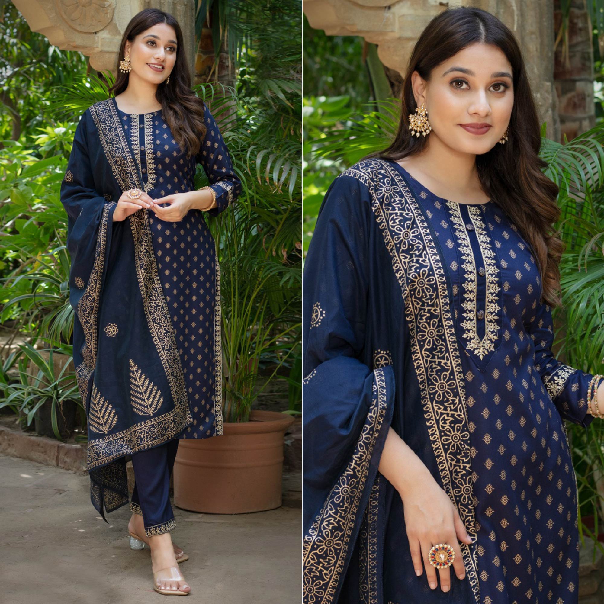 Navy Blue Printed Rayon Salwar Suit