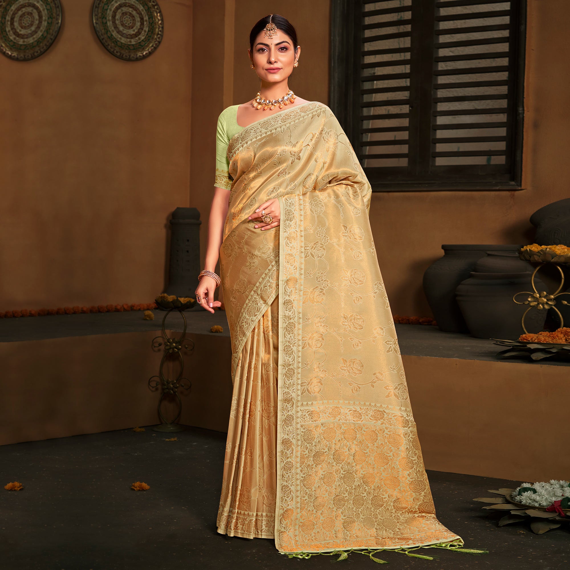 Golden Woven Art Silk Saree With Tassels