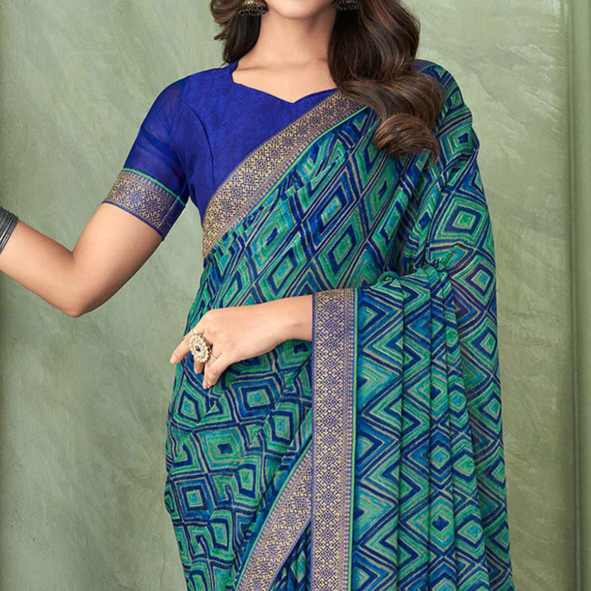 Blue Digital Printed Chiffon Saree With Lace Border