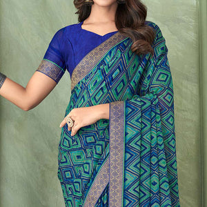 Blue Digital Printed Chiffon Saree With Lace Border
