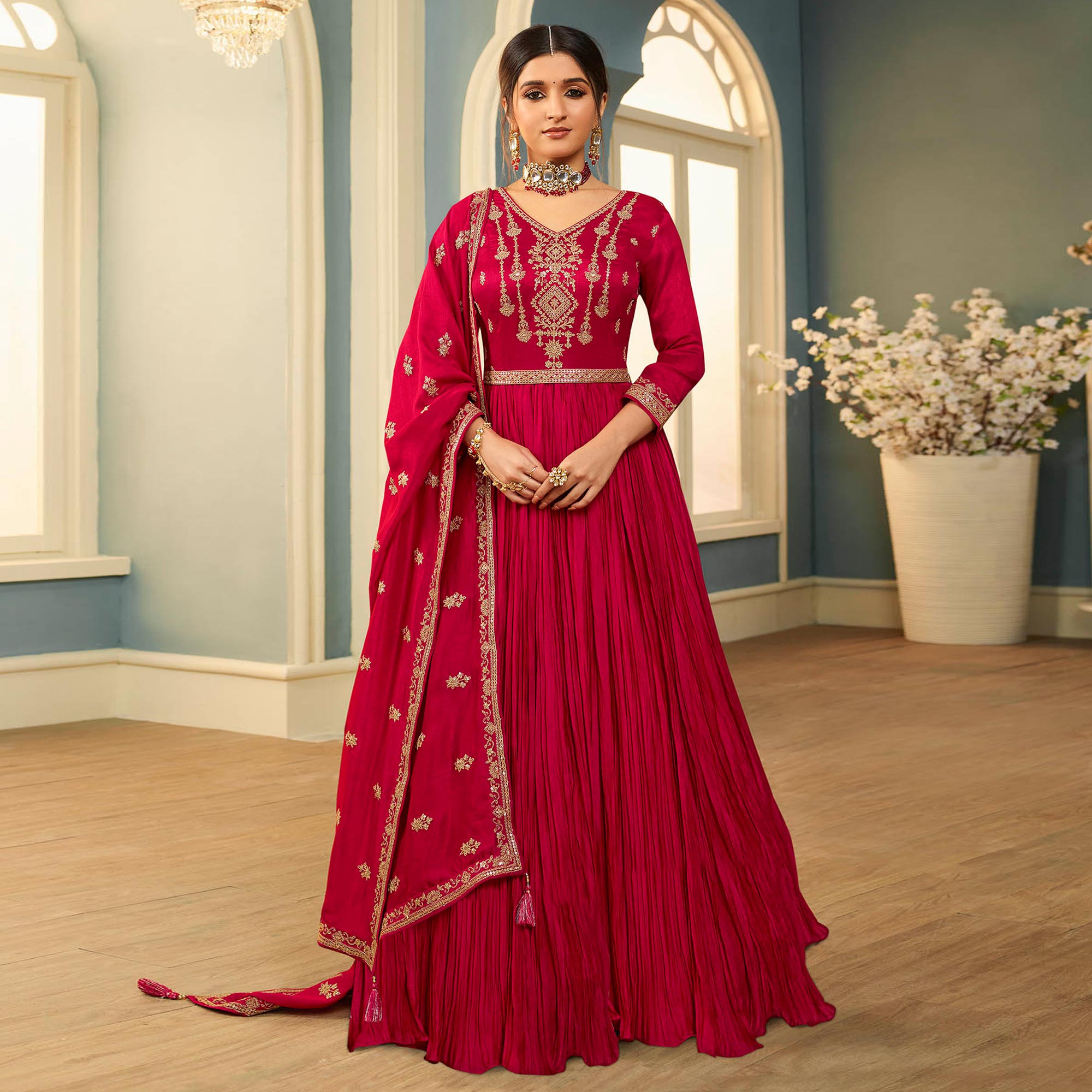 Magenta Pink Embroidered Georgette Gown