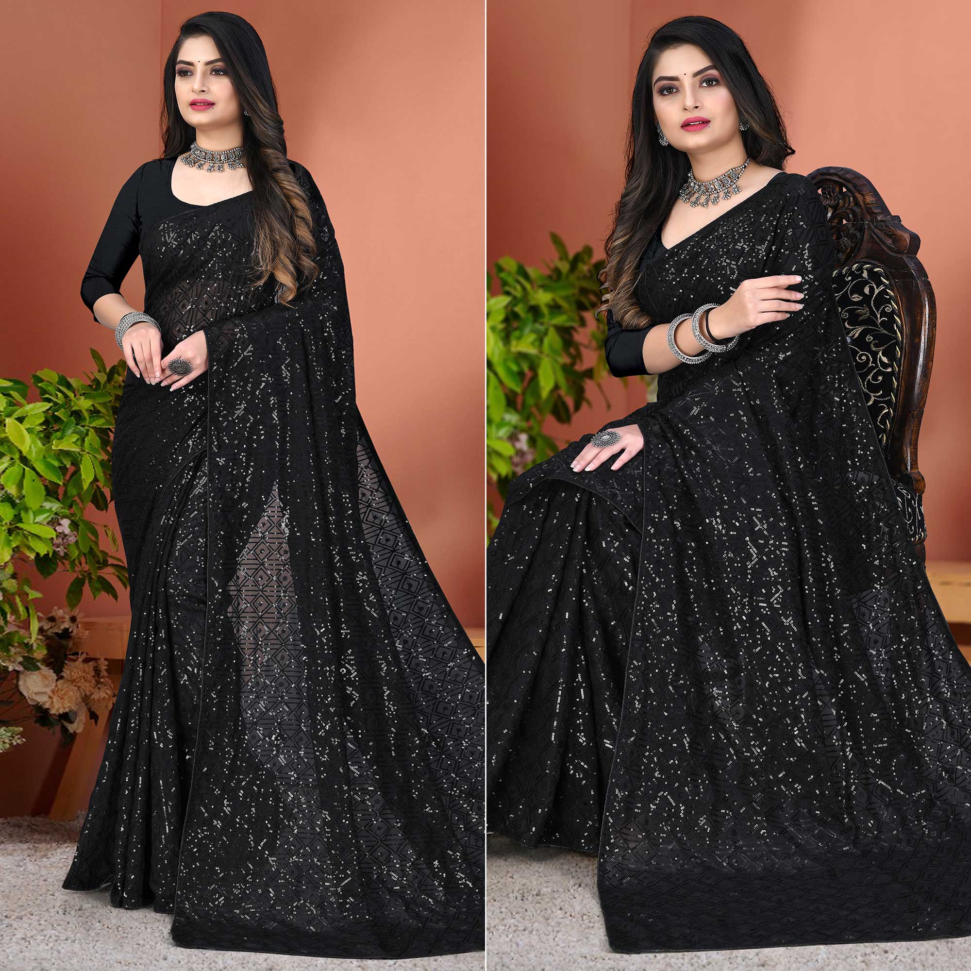 Black Sequins Embroidered Georgette Saree