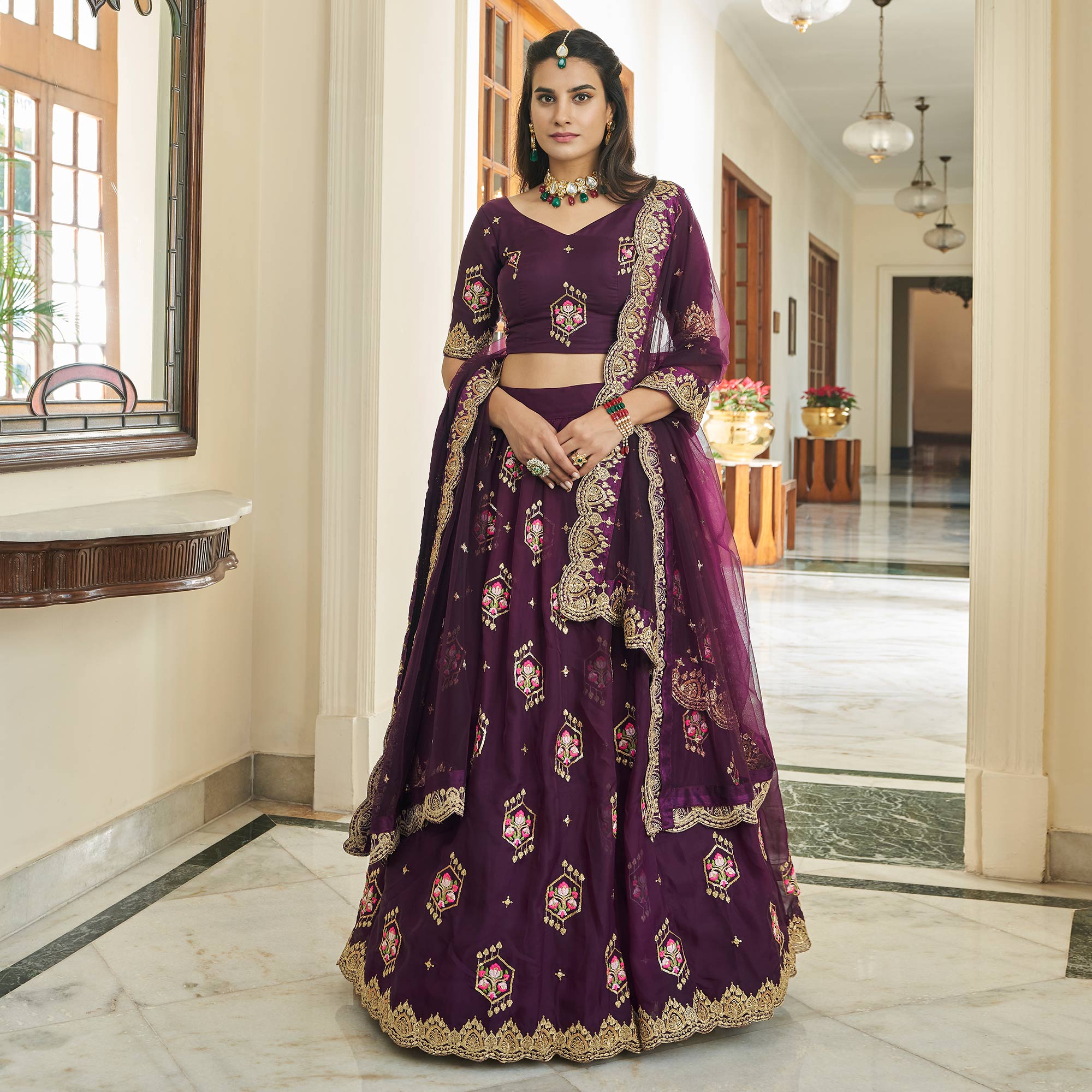 Purple Sequins Embroidered Organza Lehenga Choli