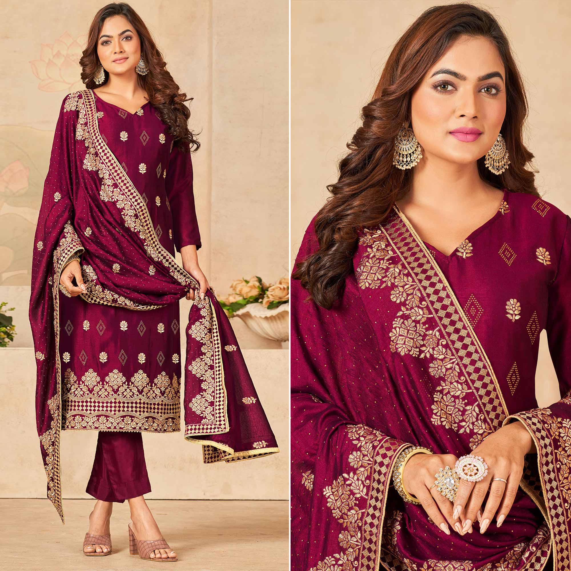 Magenta Pink Embroidered Vichitra Silk Suit