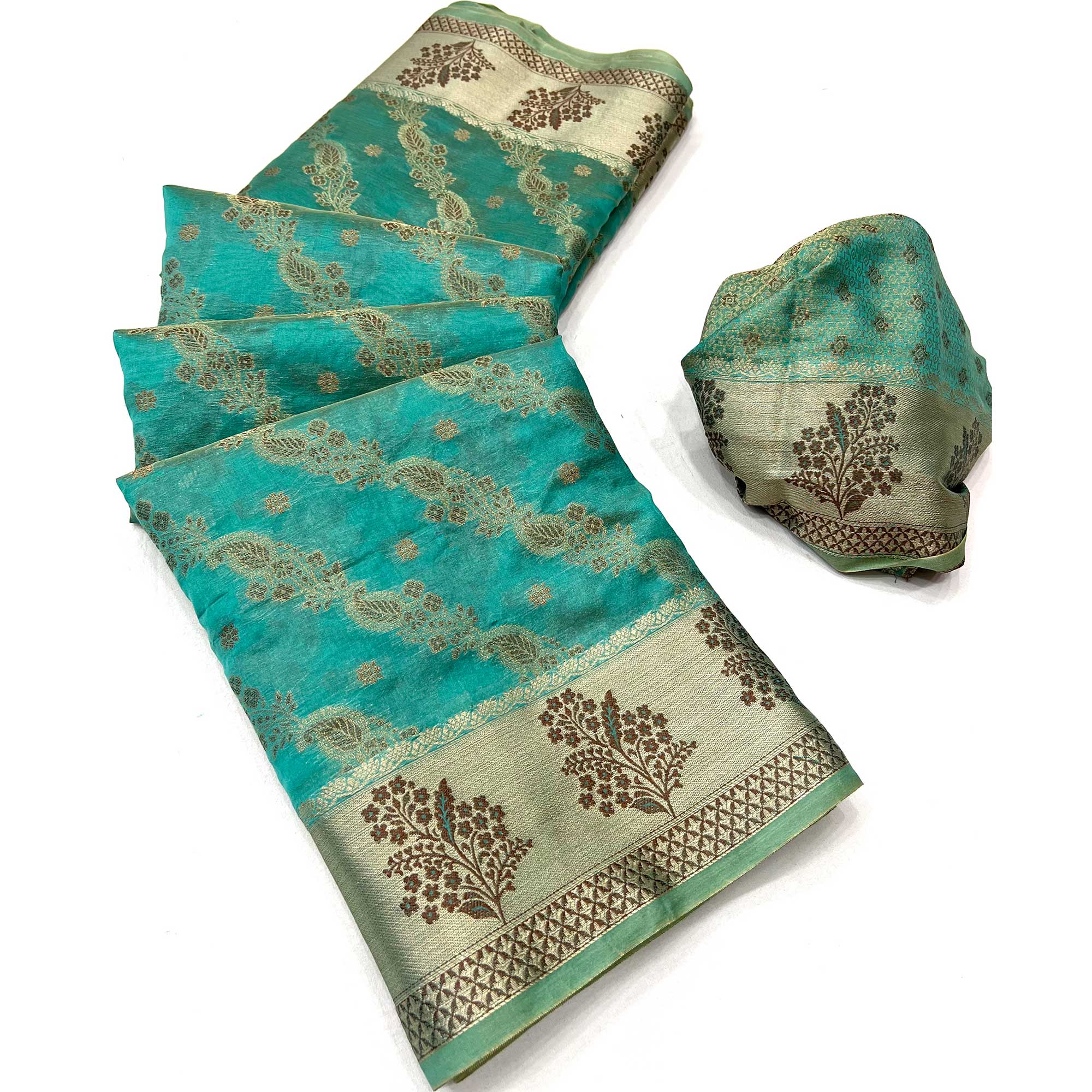 Rama Green Floral Woven Organza Saree