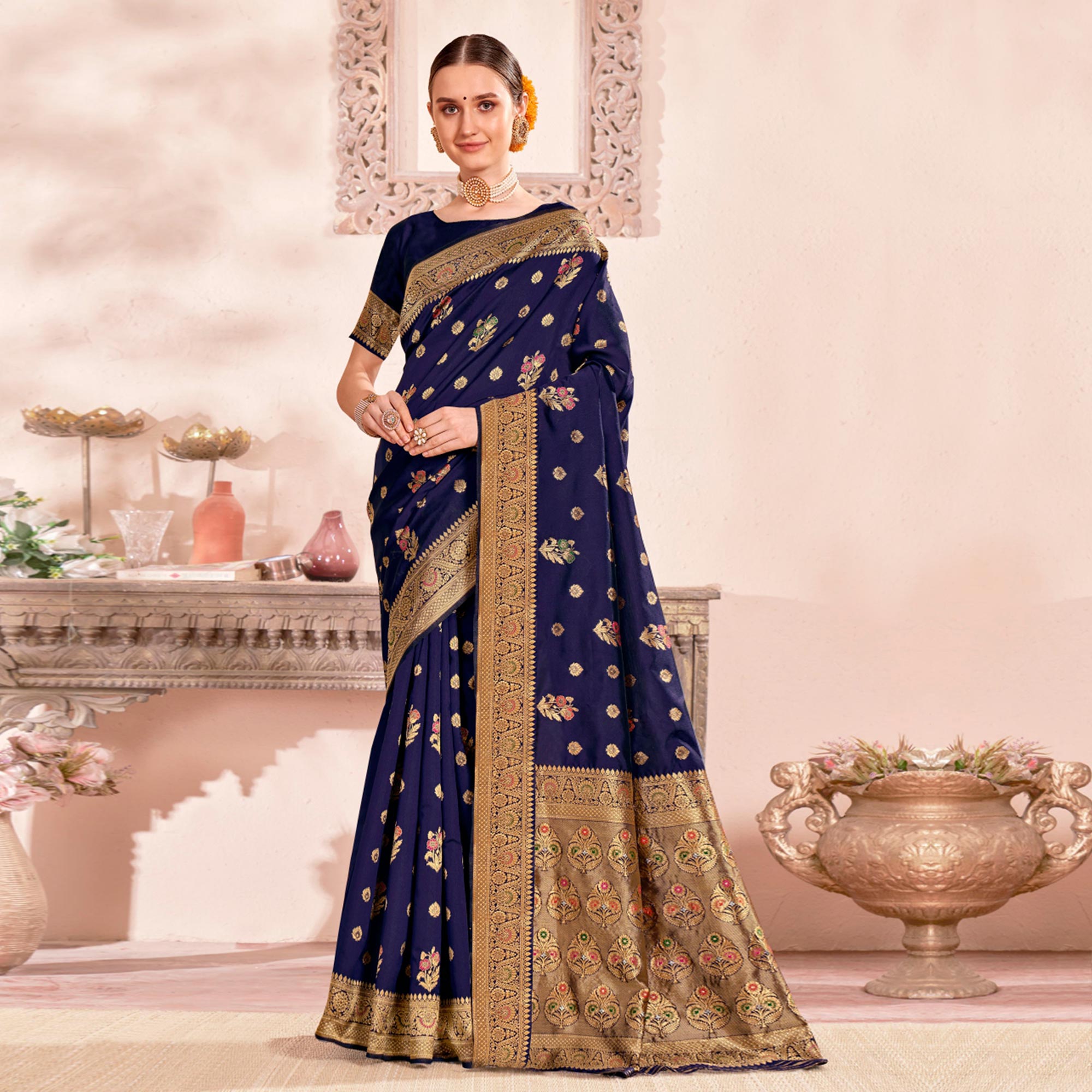 Navy Blue Woven Art Silk Saree