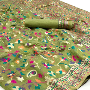 Pista Green Floral Woven Pashmina Saree