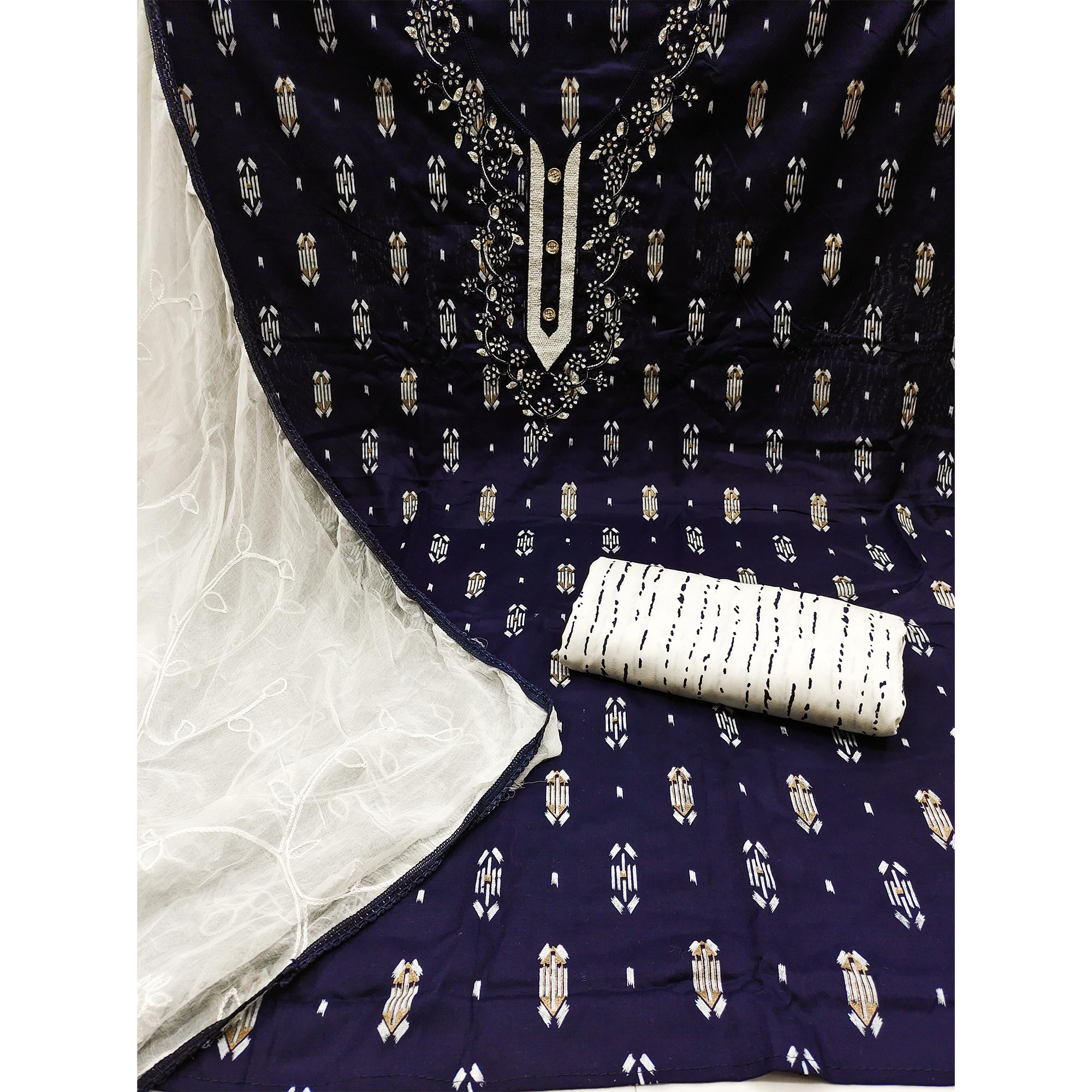 Navy Blue Printed With Embroidered Rayon Dress Material