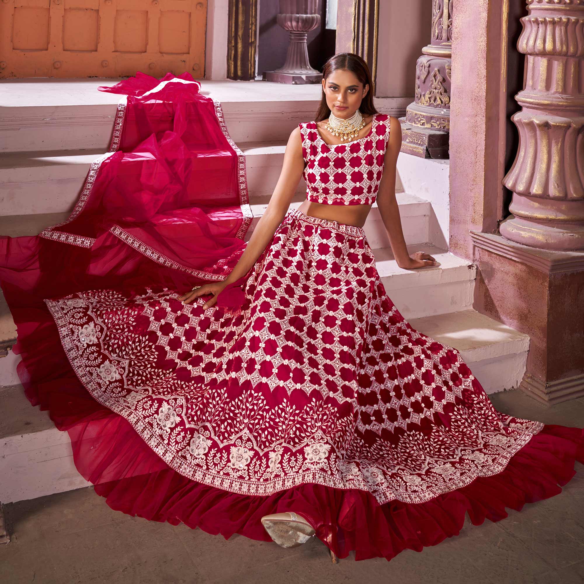 Rani Pink Floral Sequins Embroidered Net Lehenga Choli