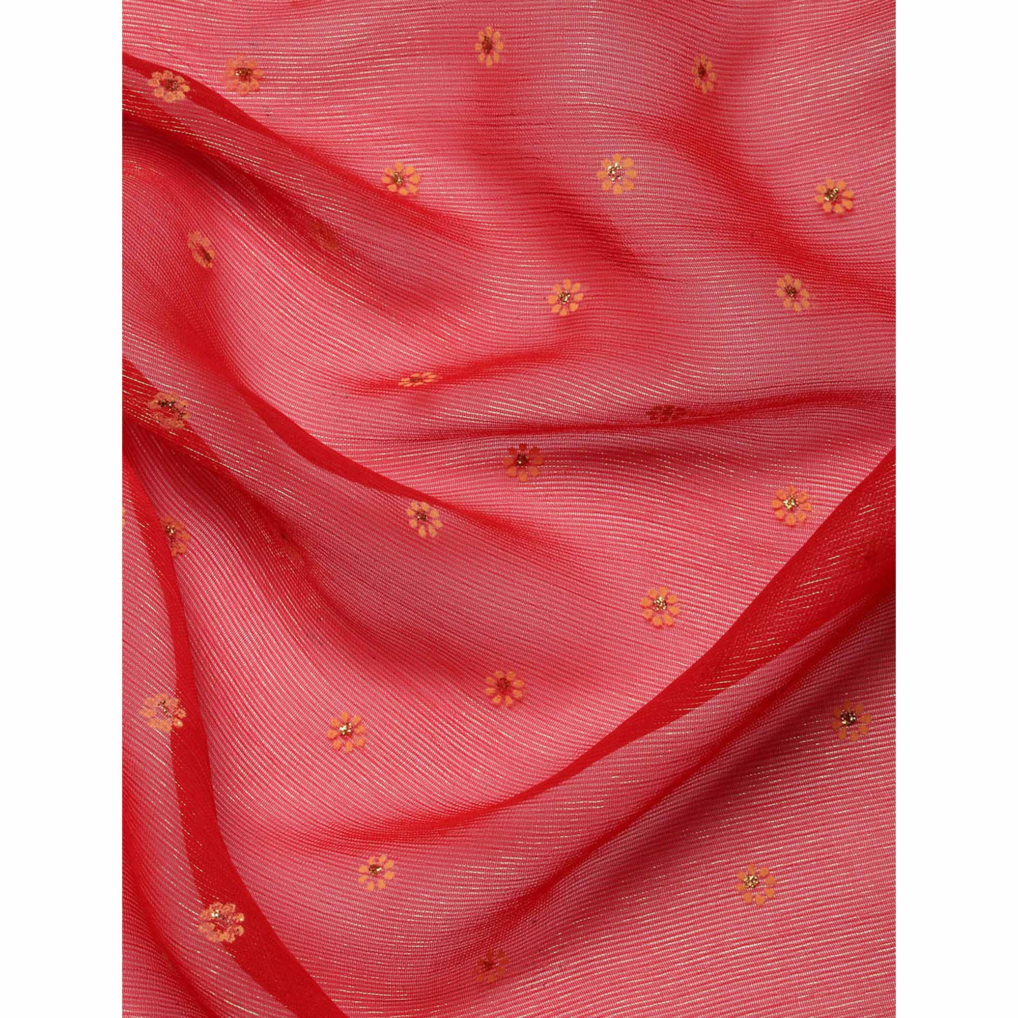 Red Foil Printed With Embroidered Border Chiffon Saree