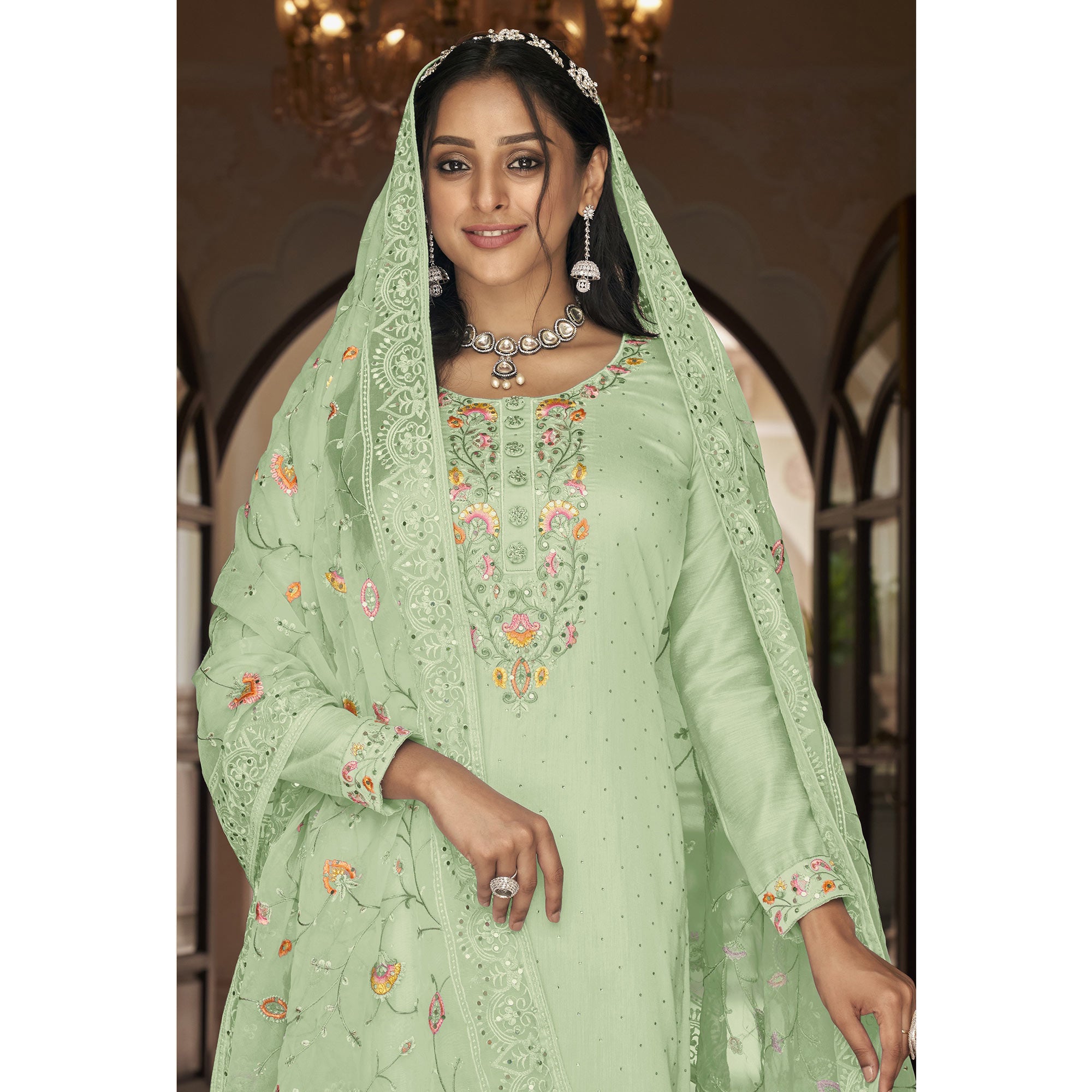 Green Floral Embroidered Georgette Salwar Suit