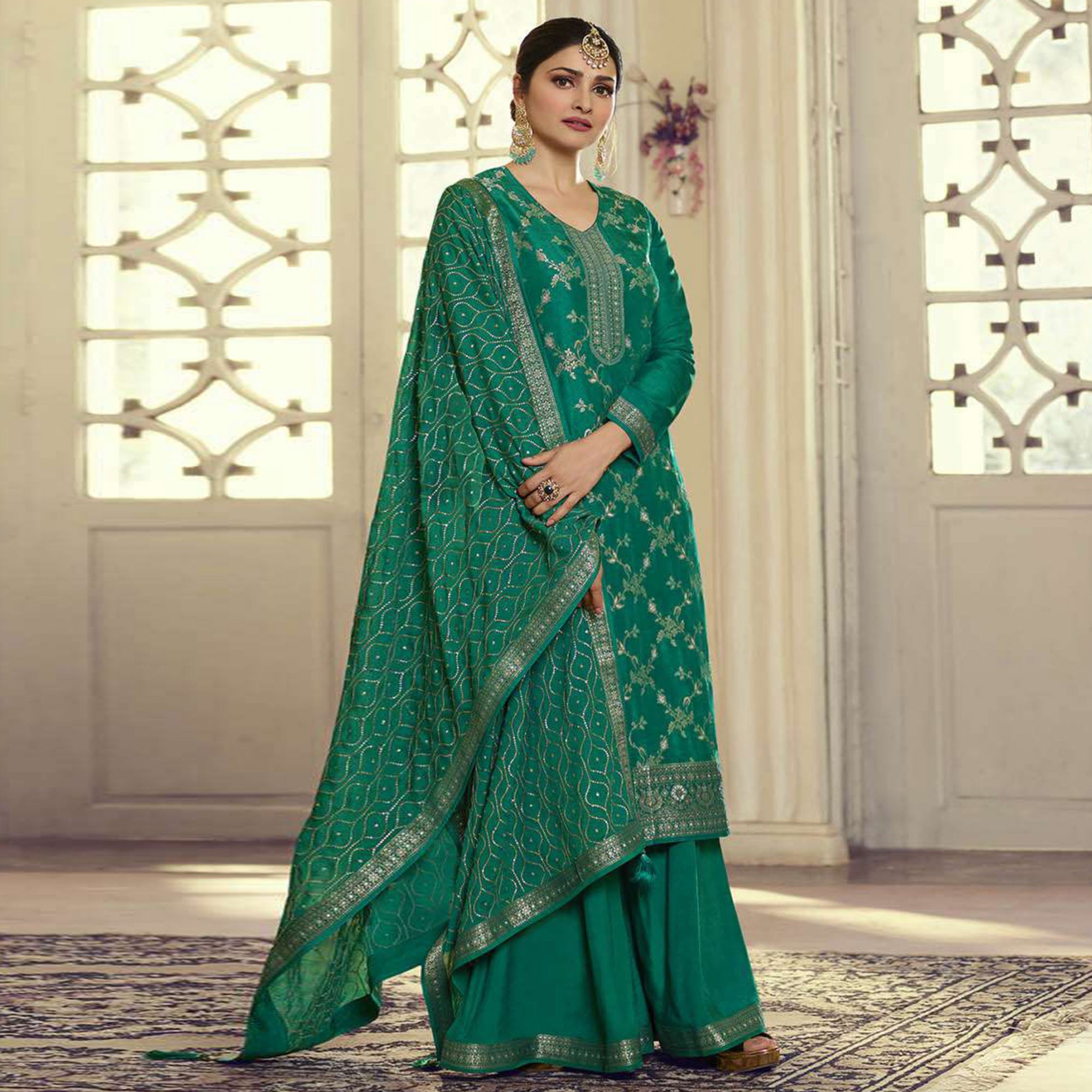 Green Embroidered Dola Silk Palazzo Suit