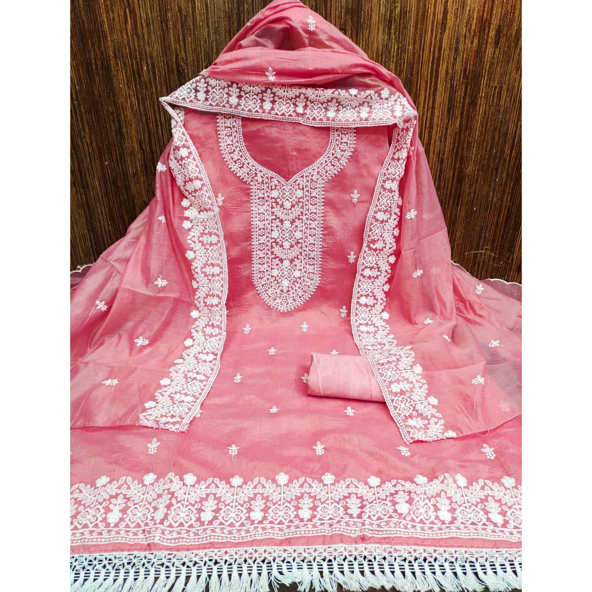 Pink Lucknowi Embroidered Modal Dress Material