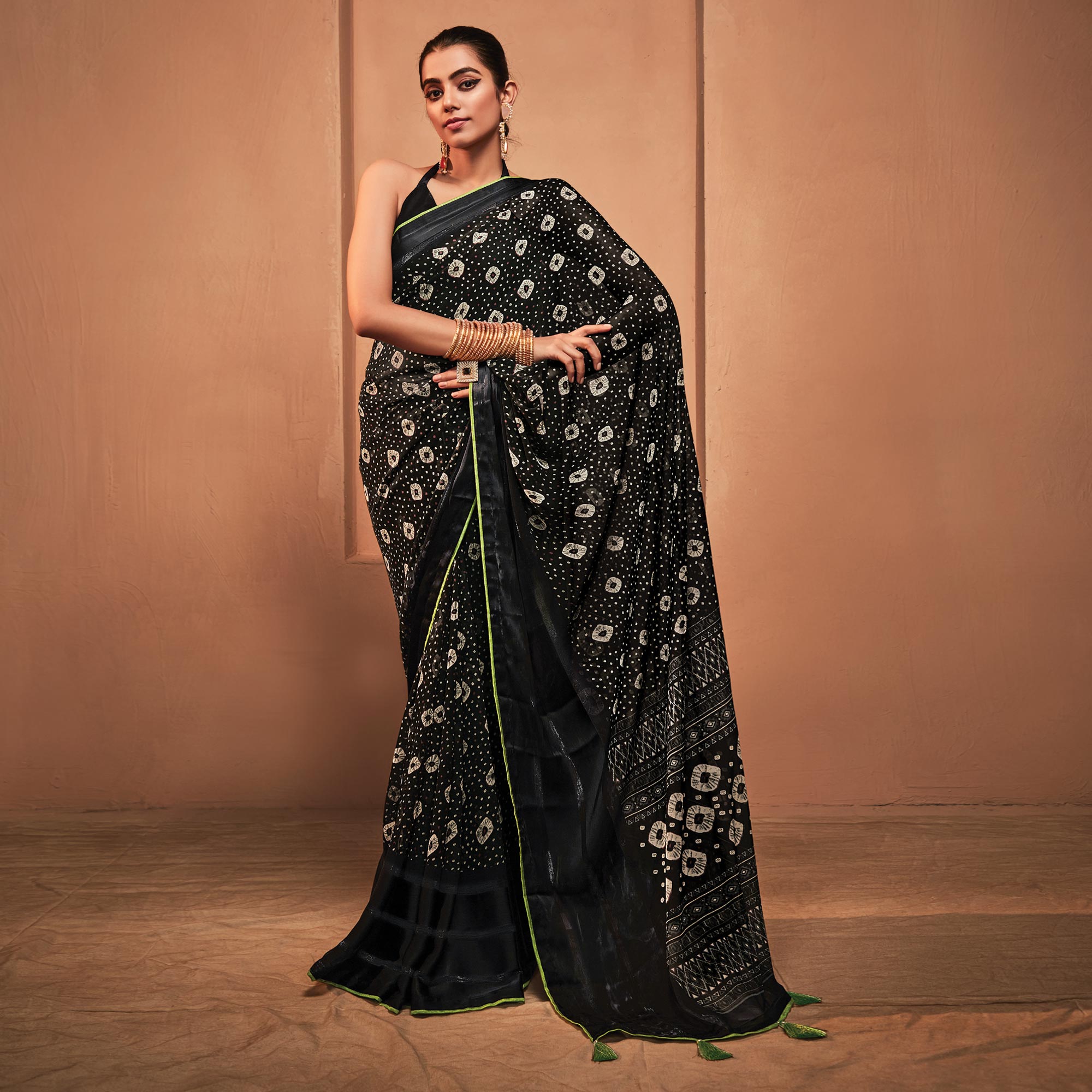 Black Printed Georgette Saree With Tassels