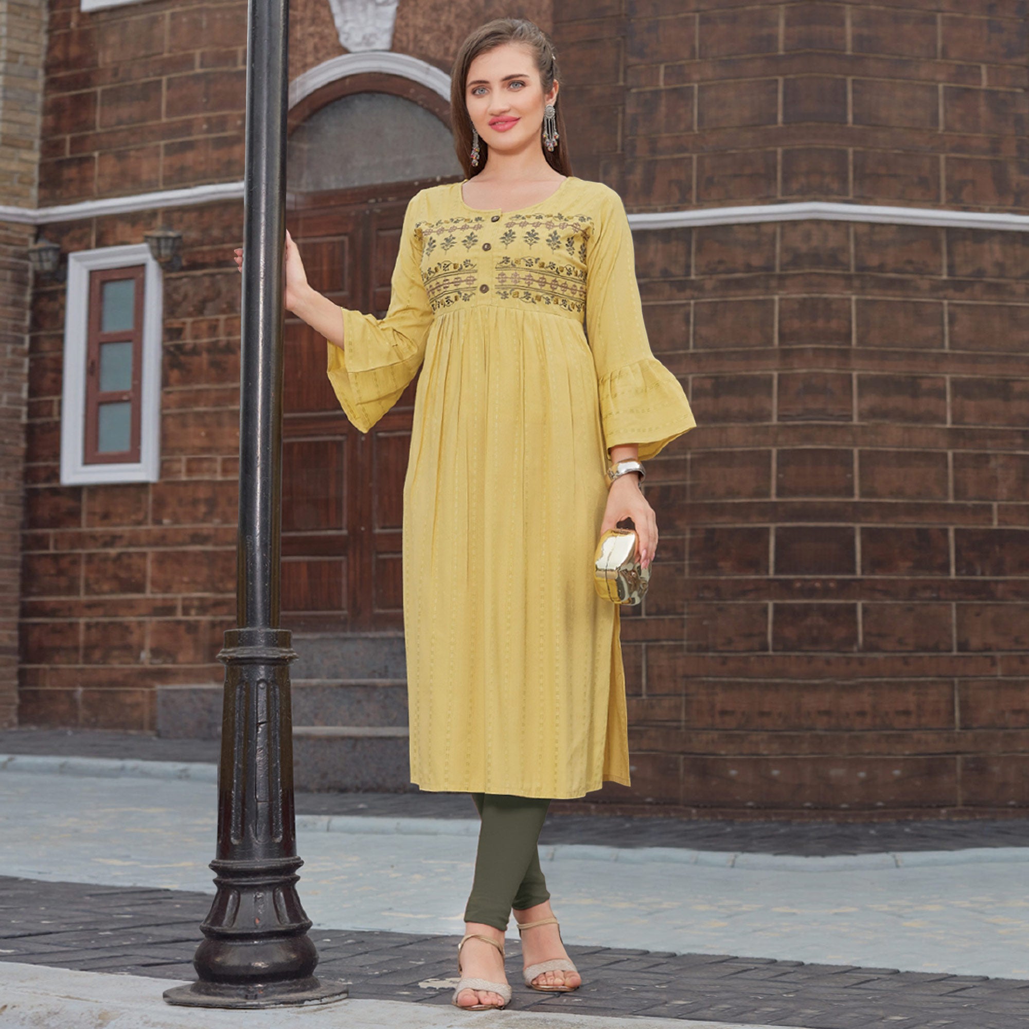 Mehendi Green Floral Embroidered Rayon Naira Cut Kurti