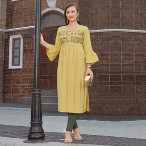 Mehendi Green Floral Embroidered Rayon Naira Cut Kurti