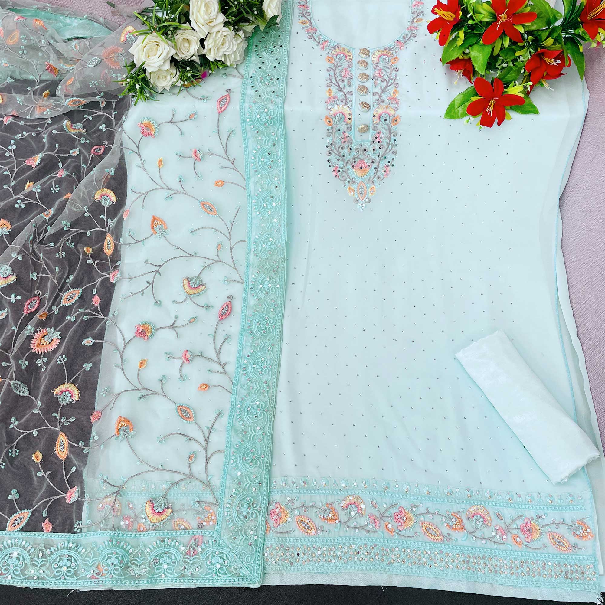Sky Blue Floral Embroidered Georgette Salwar Suit