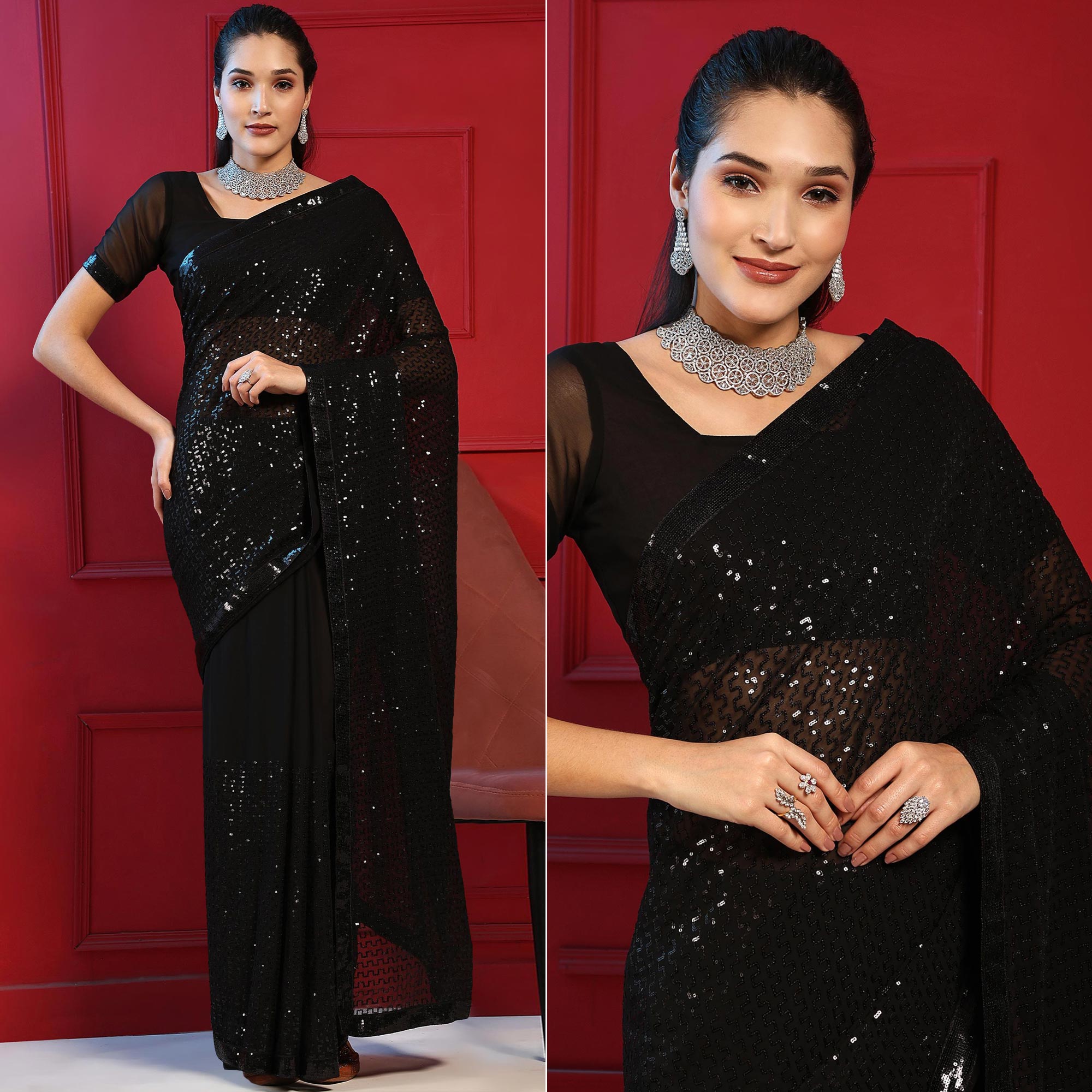 Black Sequins Embroidered Georgette Saree