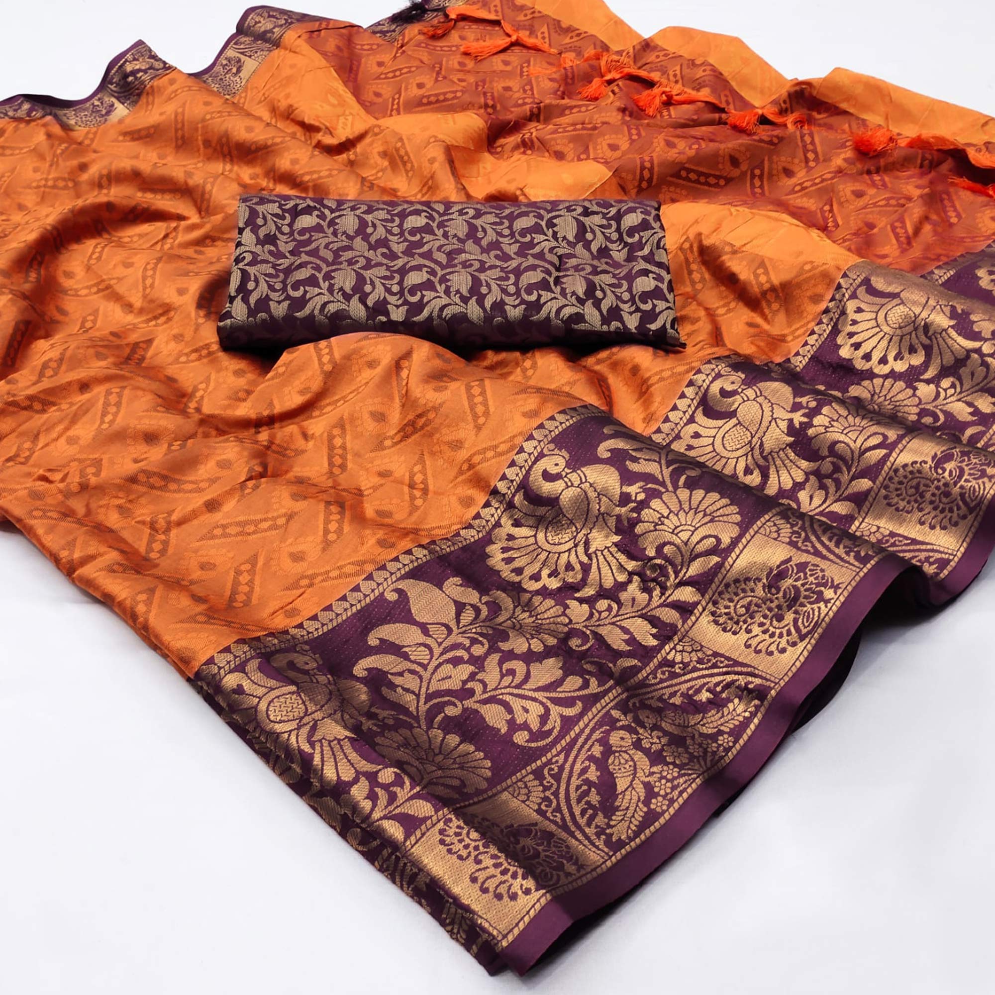 Orange Woven Cotton Silk Saree With Tassels