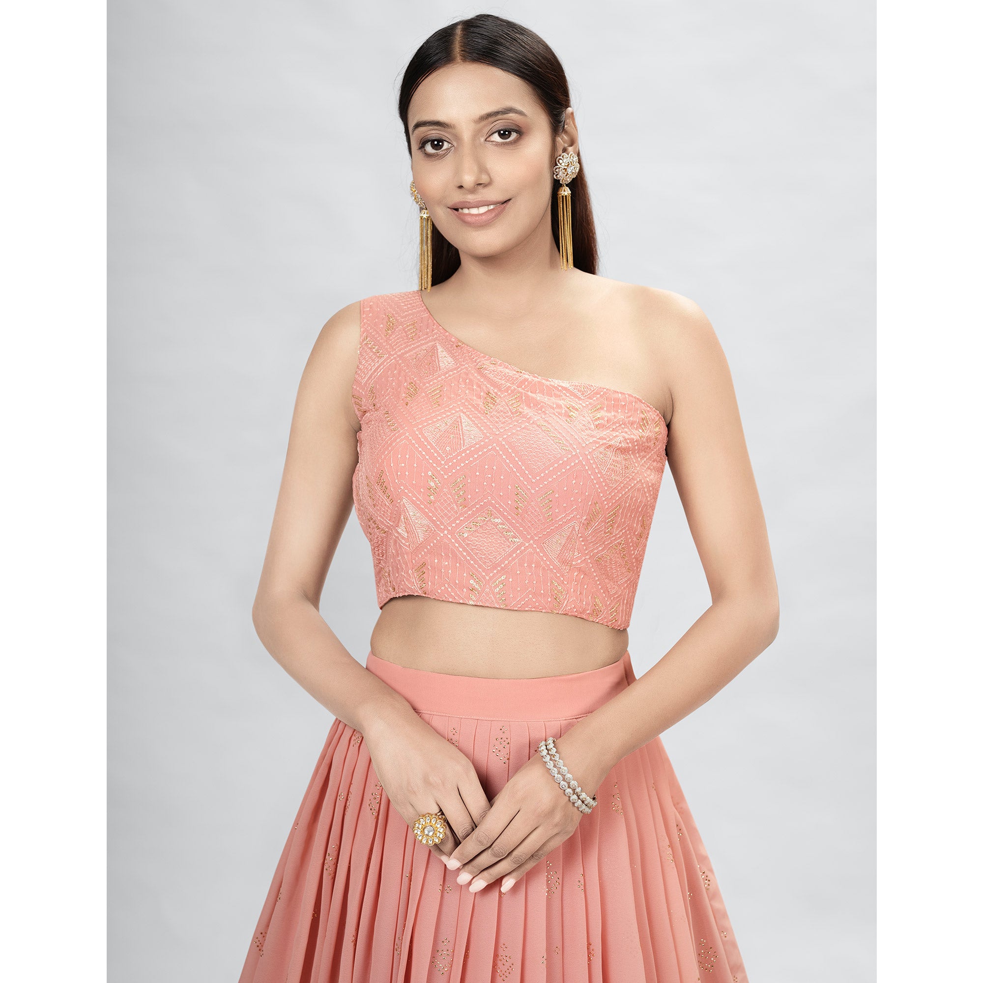 Peach Embellished With Embroidered Georgette Lehenga Choli
