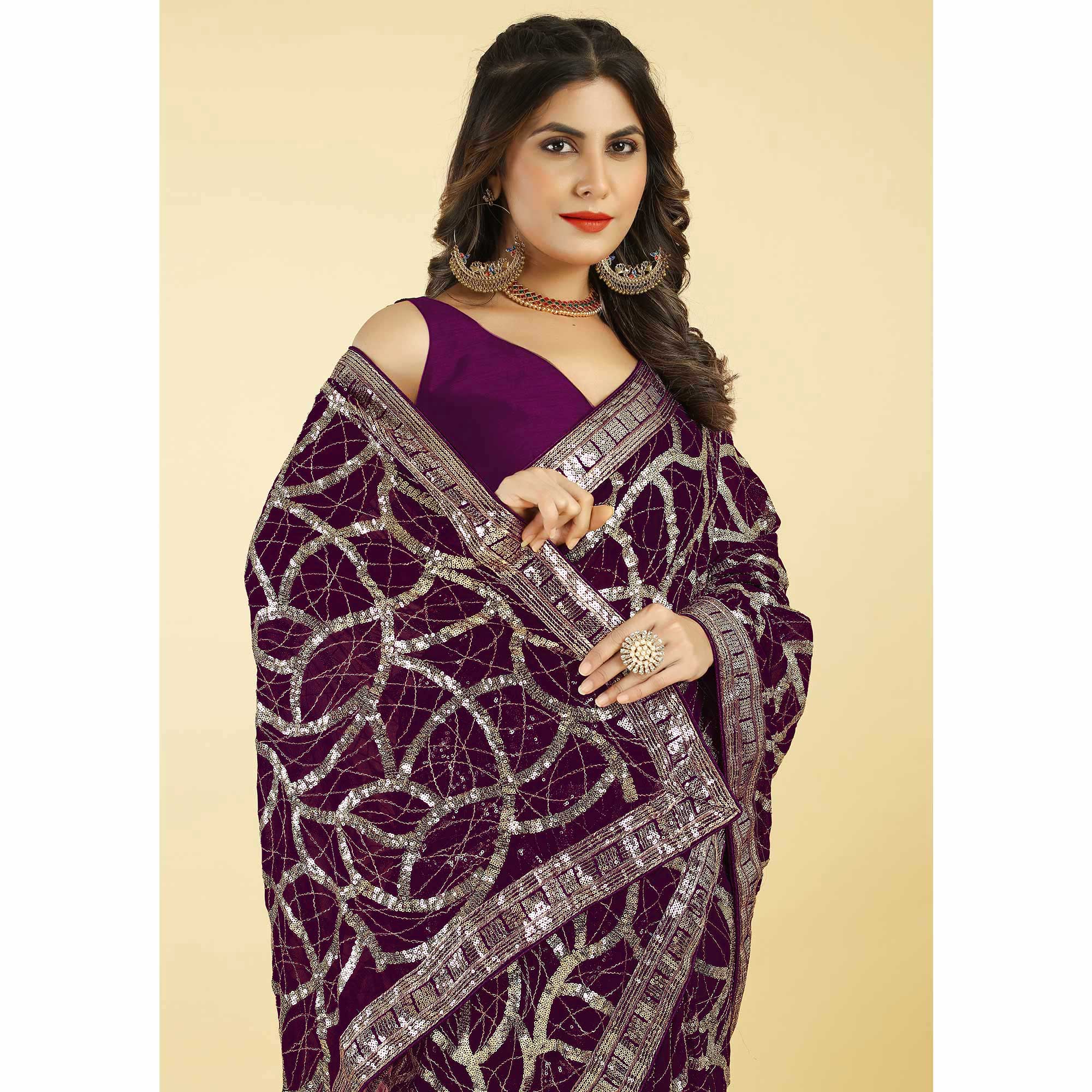 Wine Sequins Work Georgette Saree
