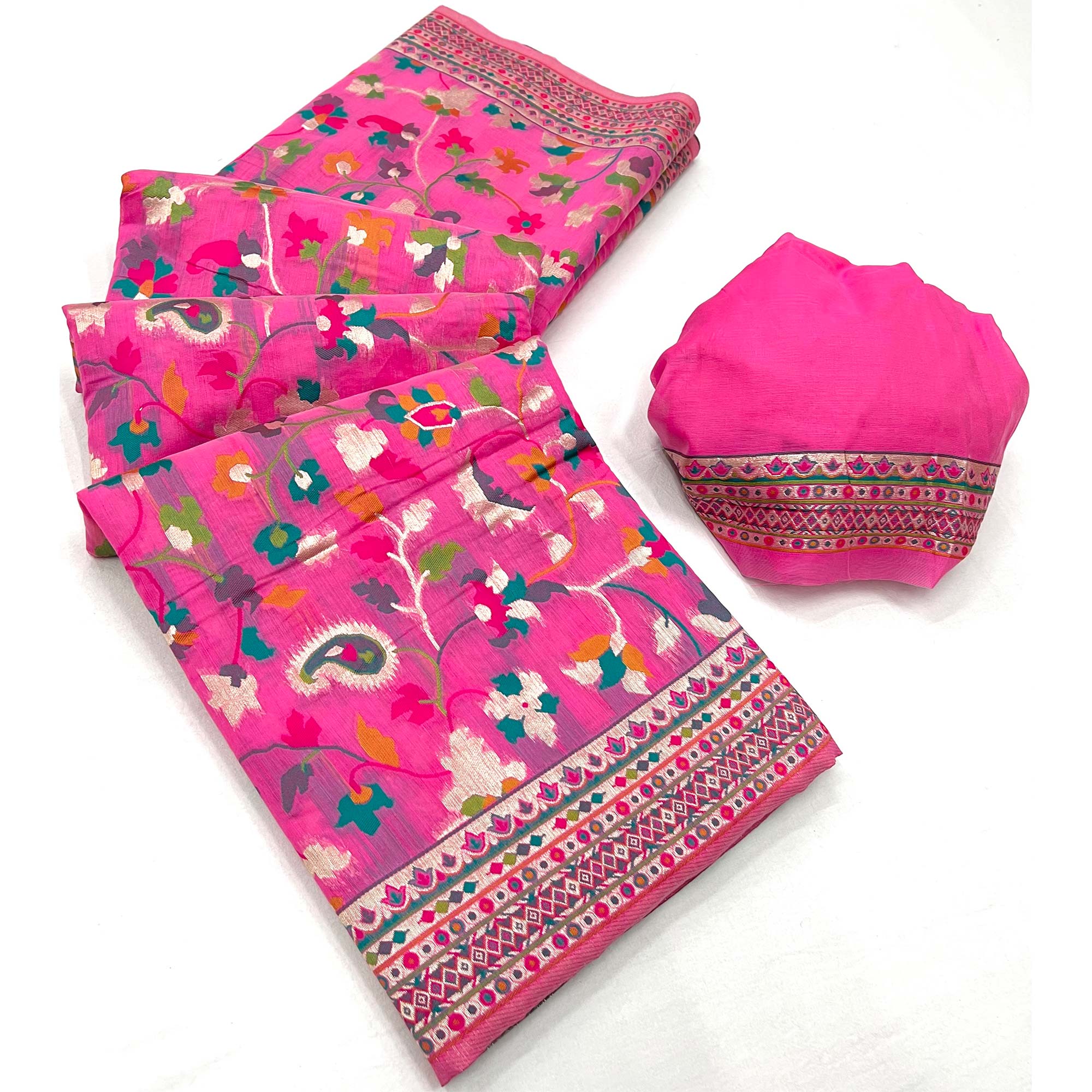 Rani Pink Floral Woven Pashmina Saree